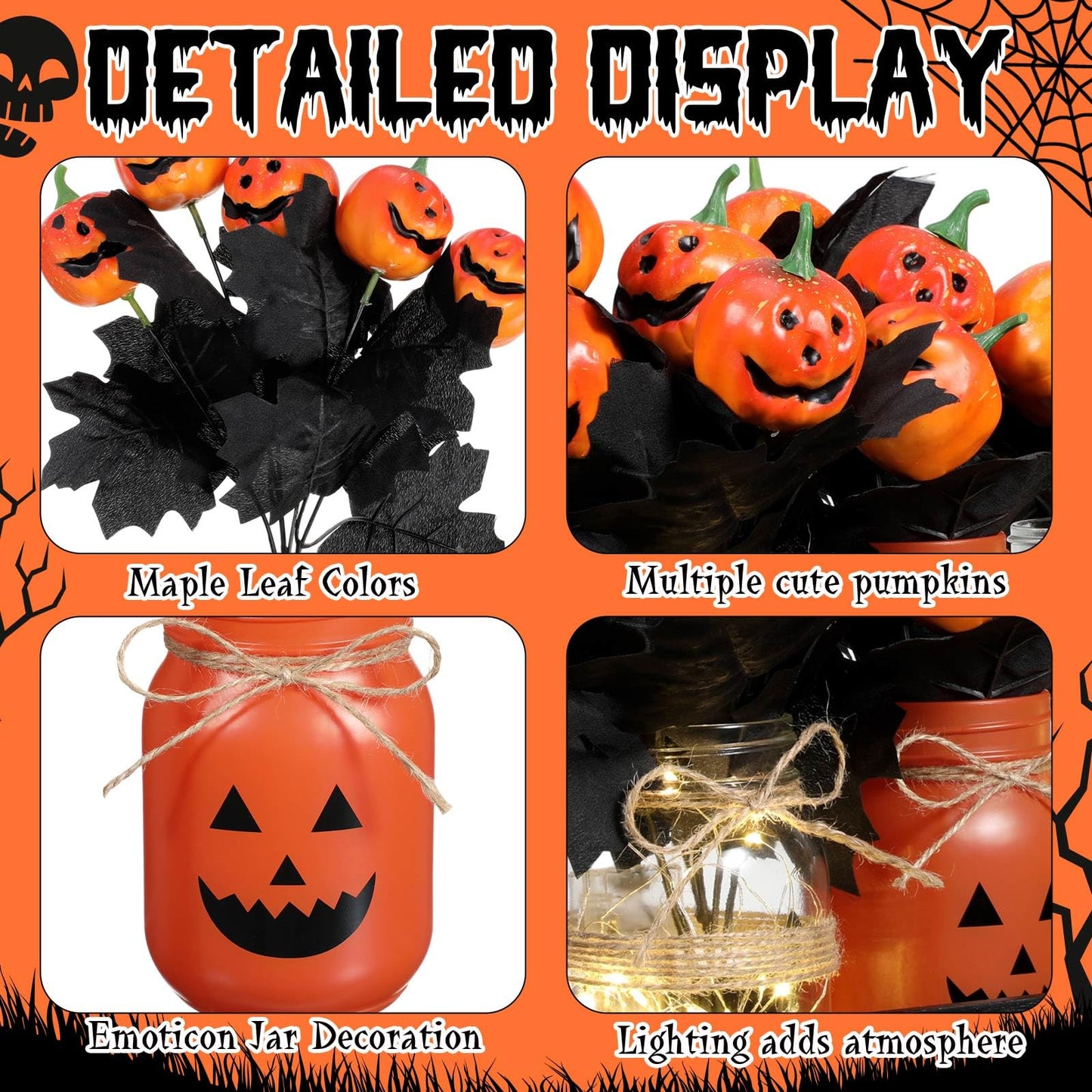 Honeydak 9 Pcs Halloween Table Centerpieces Pumpkin Mason Jar for Halloween Table Dining Room with Farmhouse Wood Tray 3 Mason Jars with Artificial Flowers and 2 LED Light for Dining Room