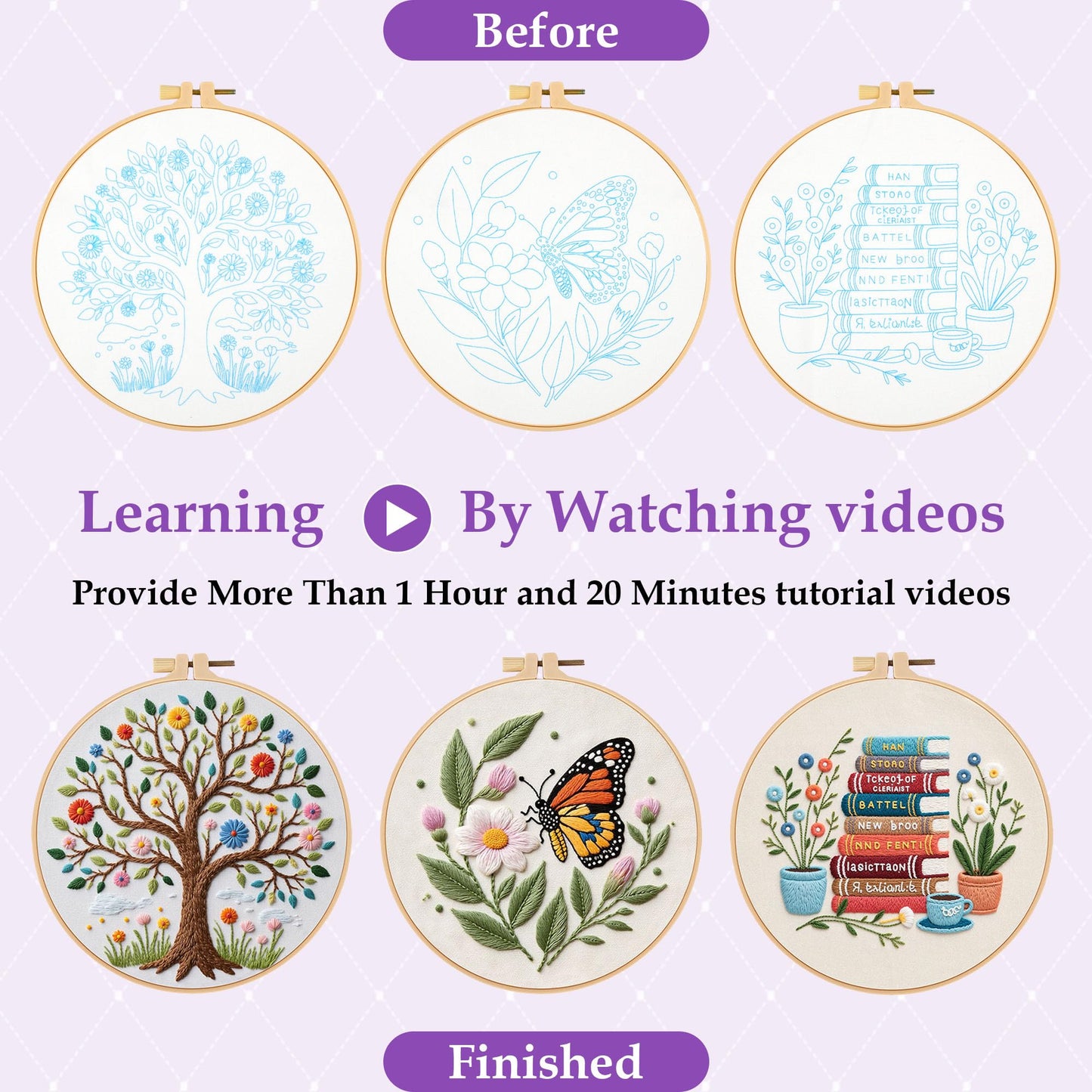 3 Sets Embroidery Kit for Beginners with Stitch Video, Flower Butterfly Tree Books Cross Stitch Kits for Adults, Needle Point Kits with Stamped Pattern, Hoop, Needles, Tools, DIY Arts and Crafts