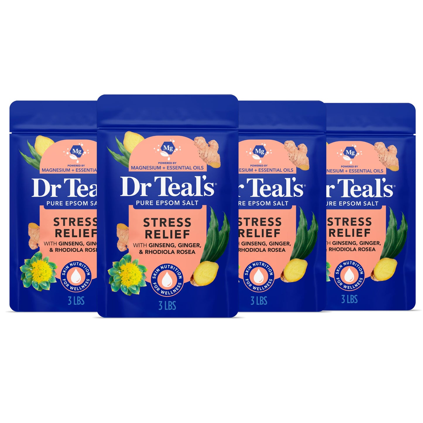 Dr Teal's Epsom Salt Magnesium Soak, Salt Stress Relief with Ginseng & Ginger Essential Oils, 3 lbs (Pack of 4)