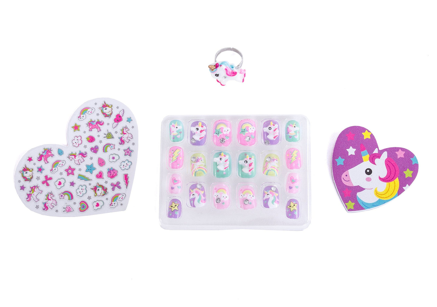 Hot Focus Unicorn Nail Art Kit - 3D Press On Nails, Stickers, File & Ring - 65 Piece Set for Girls 5+