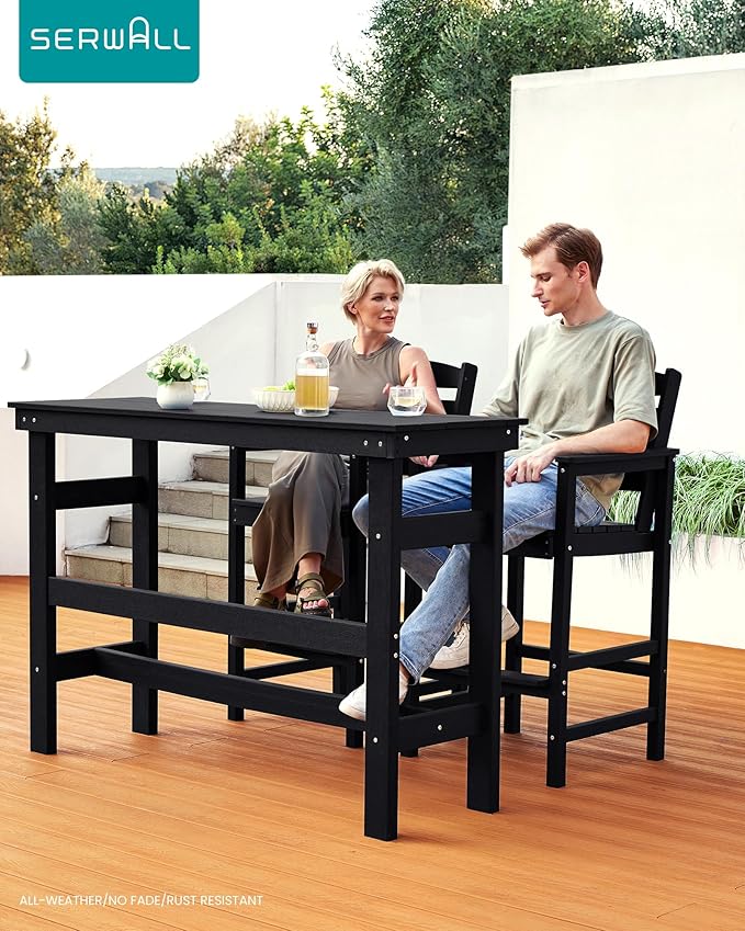 SERWALL Outdoor Bar Table and Chairs Set, Adirondack Bar Chairs Set of 2 and Bar Height Table, All Weather HDPE Patio Bar Set, Outdoor Furniture for Outside, Black