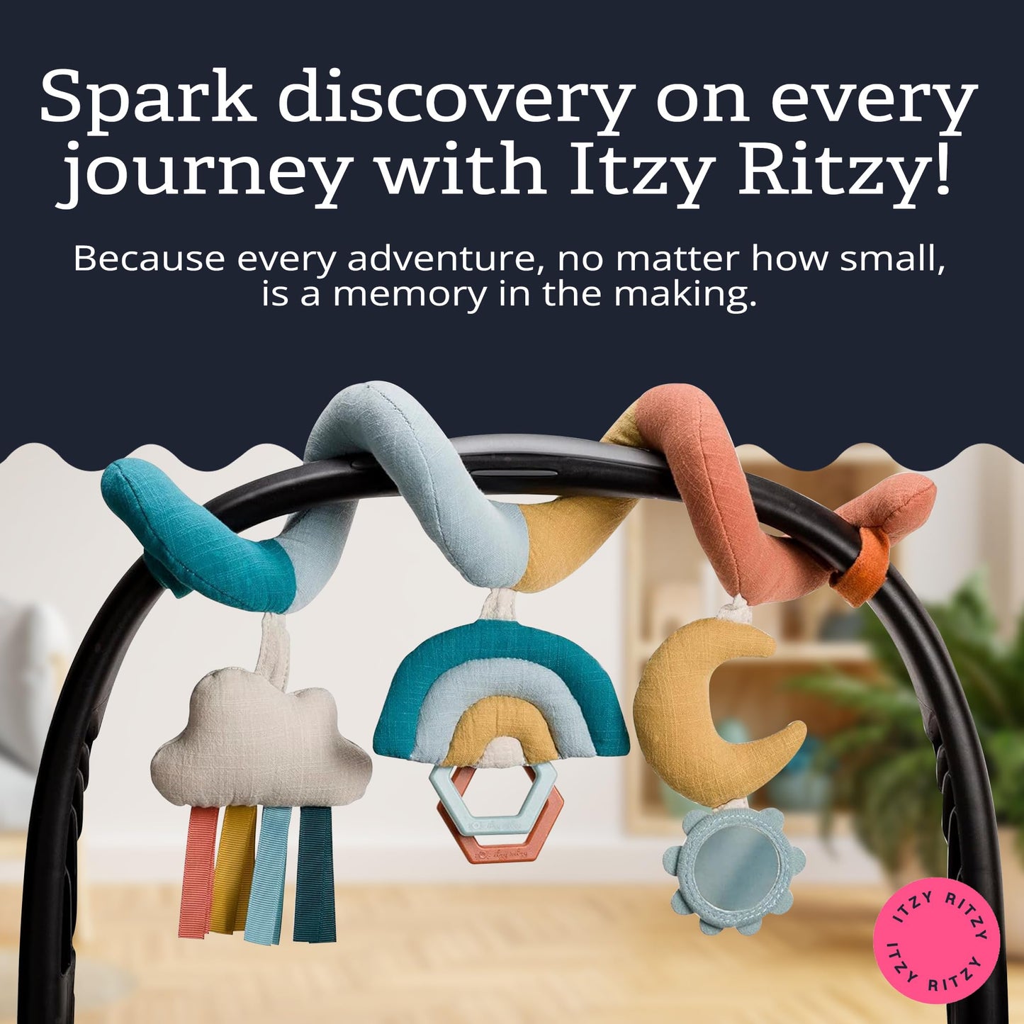 Itzy Ritzy Spiral Car Seat & Stroller Activity Toy - Stroller & Car Seat Toys for Ages 0 Months and Up - Hanging Toys Include Clinking Rings, Mirror and Textured Ribbons (Rainbow)