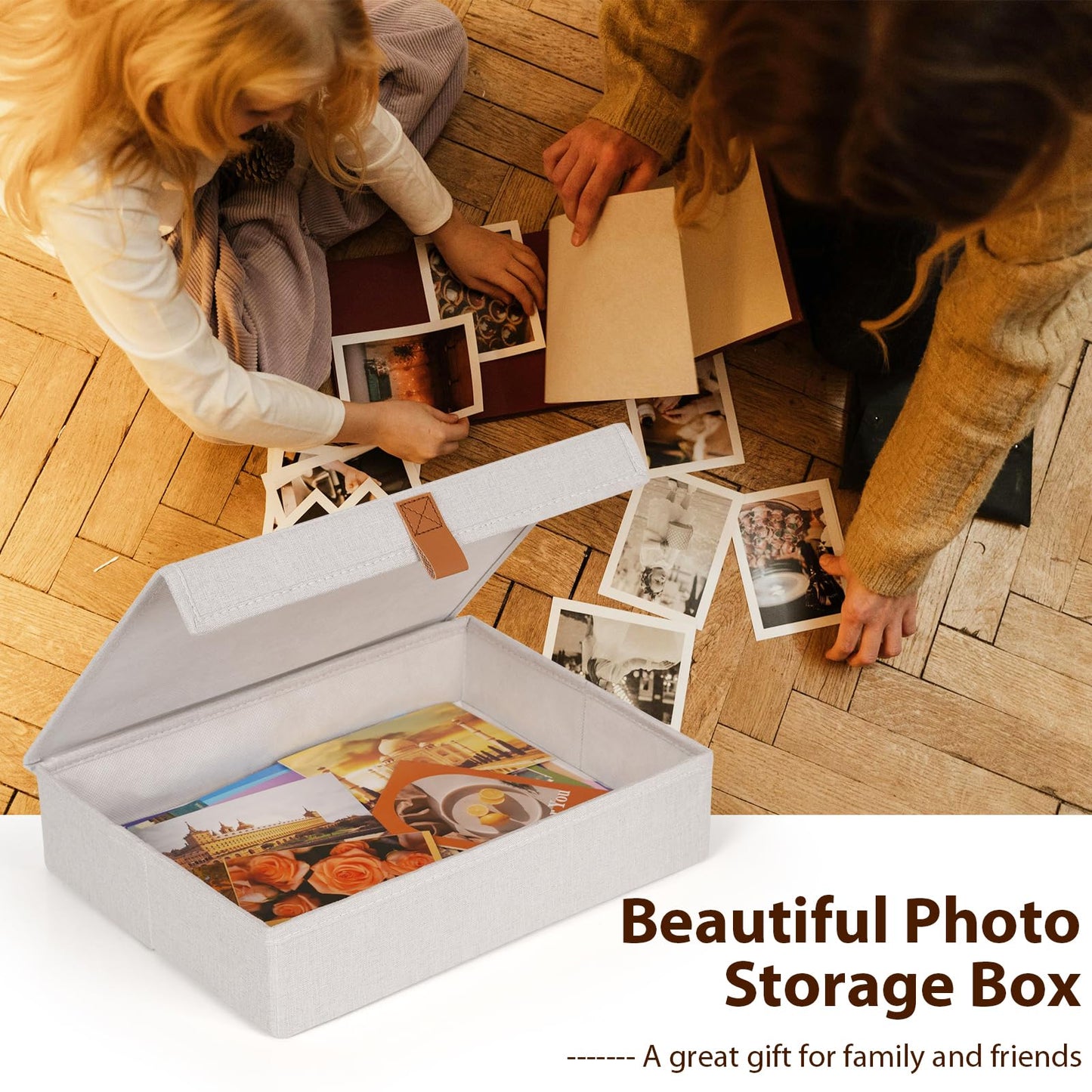 Flenpptly Decorative Photo Storage Box, Photo Boxes Storage with Lids Keepsake Box to Store Pictures, Envelope, Scrapbook Supplies Comes with Business Card Frame to Mark (Small)