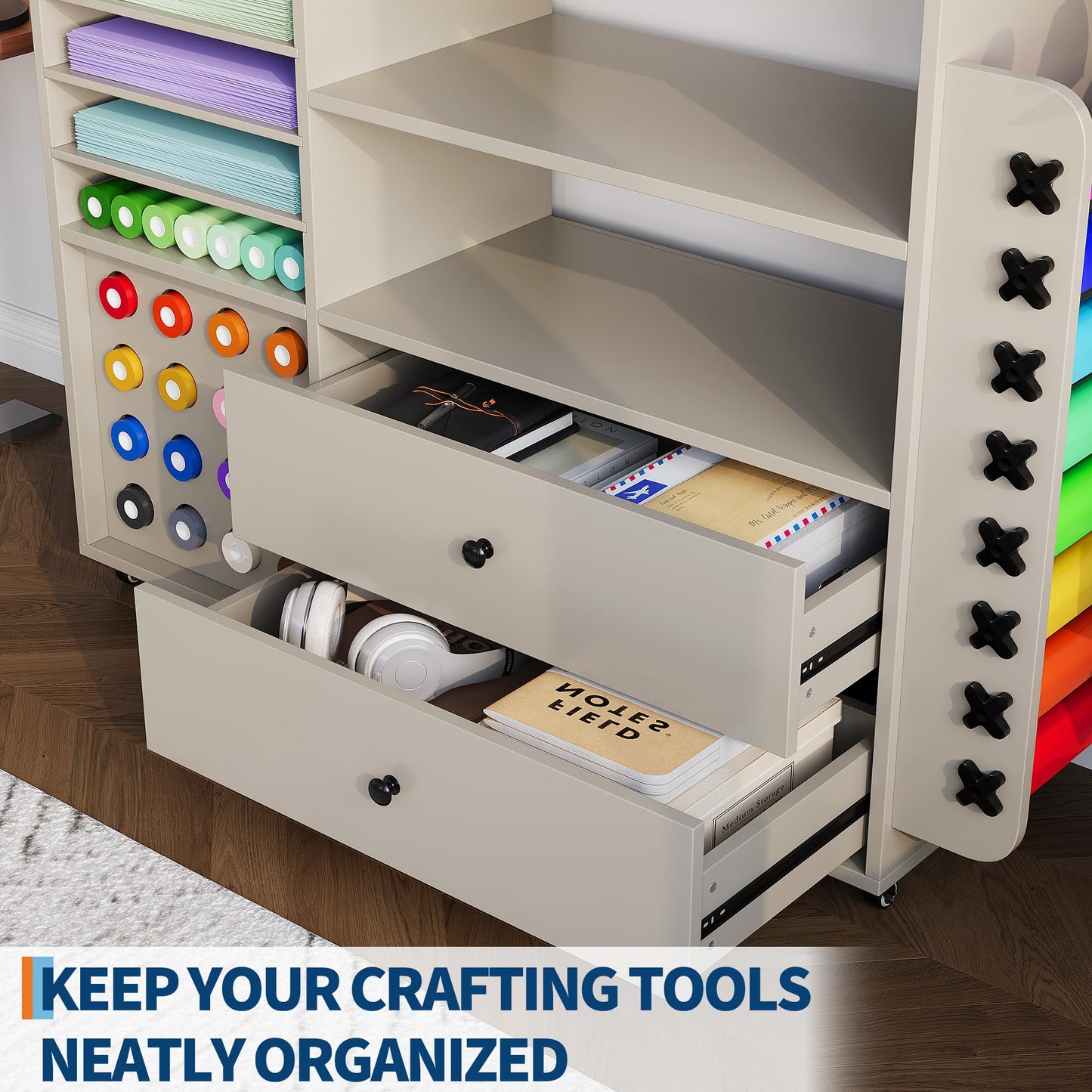 Garvee Craft Table Cricut Cart Storage Cabinet Compatible with Cricut Machines with 2 Drawers & 24 Vinyl Roll Holder, Craft Station Accessories Organizer
