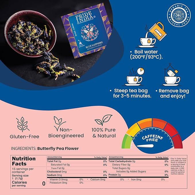 Pride of India | PACK of 2 - Blue Sapphire: Butterfly Pea Flower Tea 1 oz (28.3 gm) | 100% Pure Butterfly Pea Flower | Mild, Earthy Flavor & Subtle Floral Flavor | Premium Pyramid Nylon Tea Bags