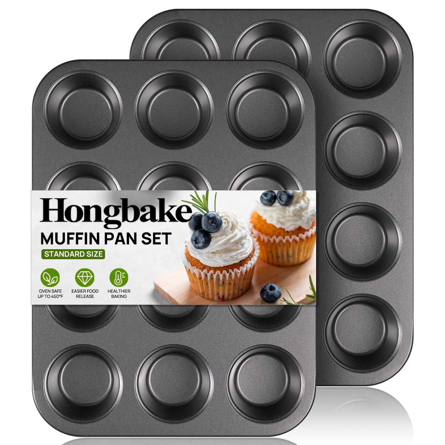HONGBAKE Muffin Pan for Baking, Nonstick Cupcake Tin 12 Cup, 2 Pack Cup Cake Tray, Premium Cheesecake Pans, Dishwasher Safe - Dark Grey