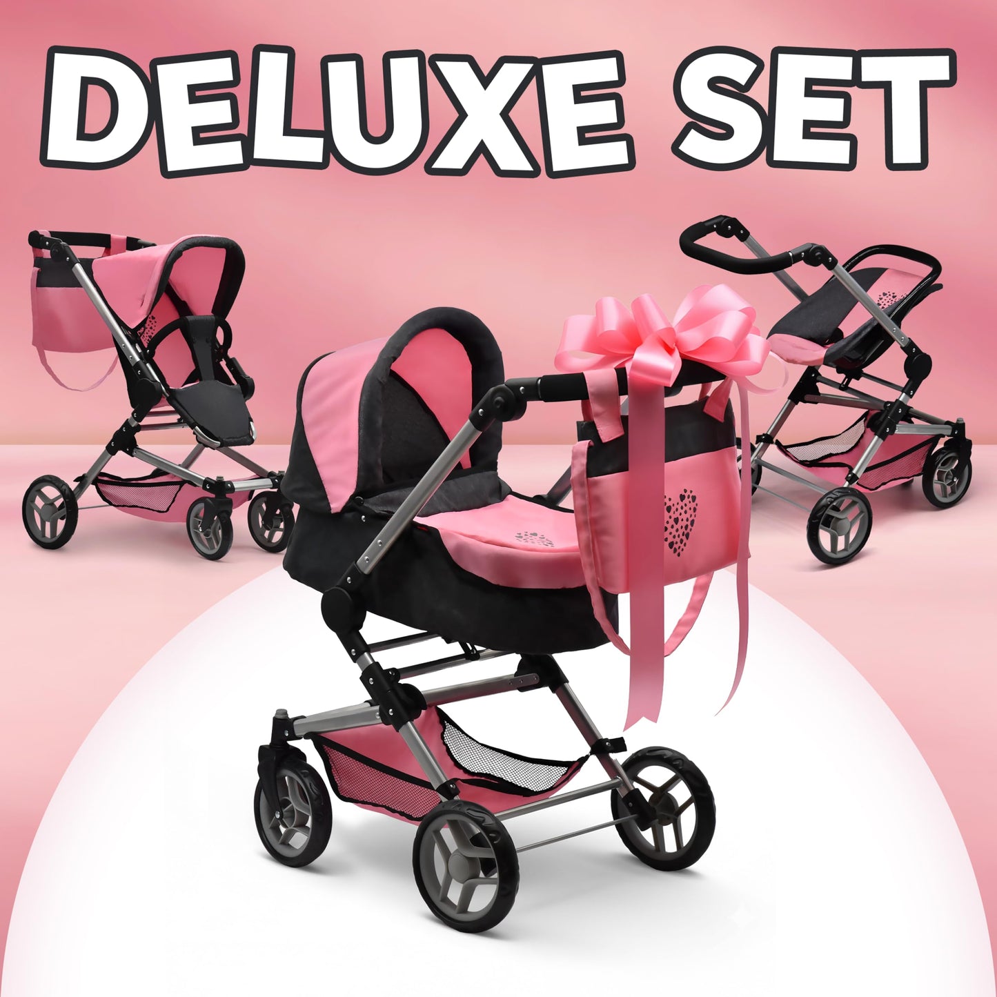 Baby Doll Convertible Stroller 3 in 1 Bassinet and Rear Facing Seat Buggy Foldable Toy Pram for Girls Toddlers Kids Swiveling Wheels Travel System Carriage Combo