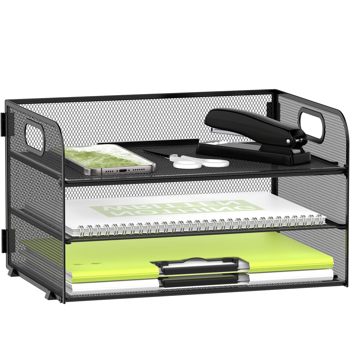 DALTACK 3 Tier Paper Organizer with Handle, Mesh Metal Desk Organizer with Sliding Paper Trays for Letter/A4 Paper, Mail, Bills & Folders, Black