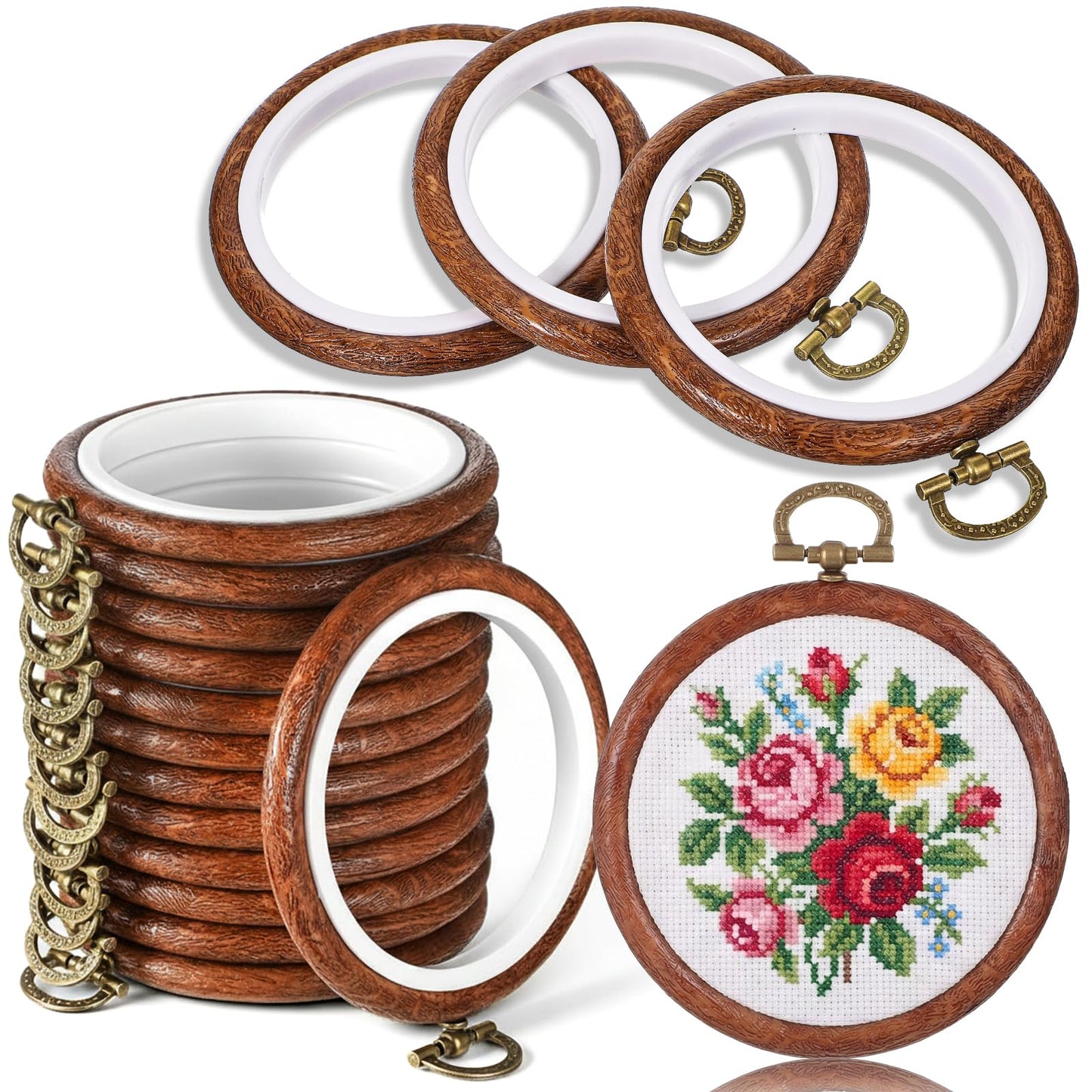 Kegeeei 18 Pcs 3 Inch Round Embroidery Hoops, Imitated Wood Cross Stitch Hoop Display Frame Circle for DIY Craft Sewing Hanging Ornaments