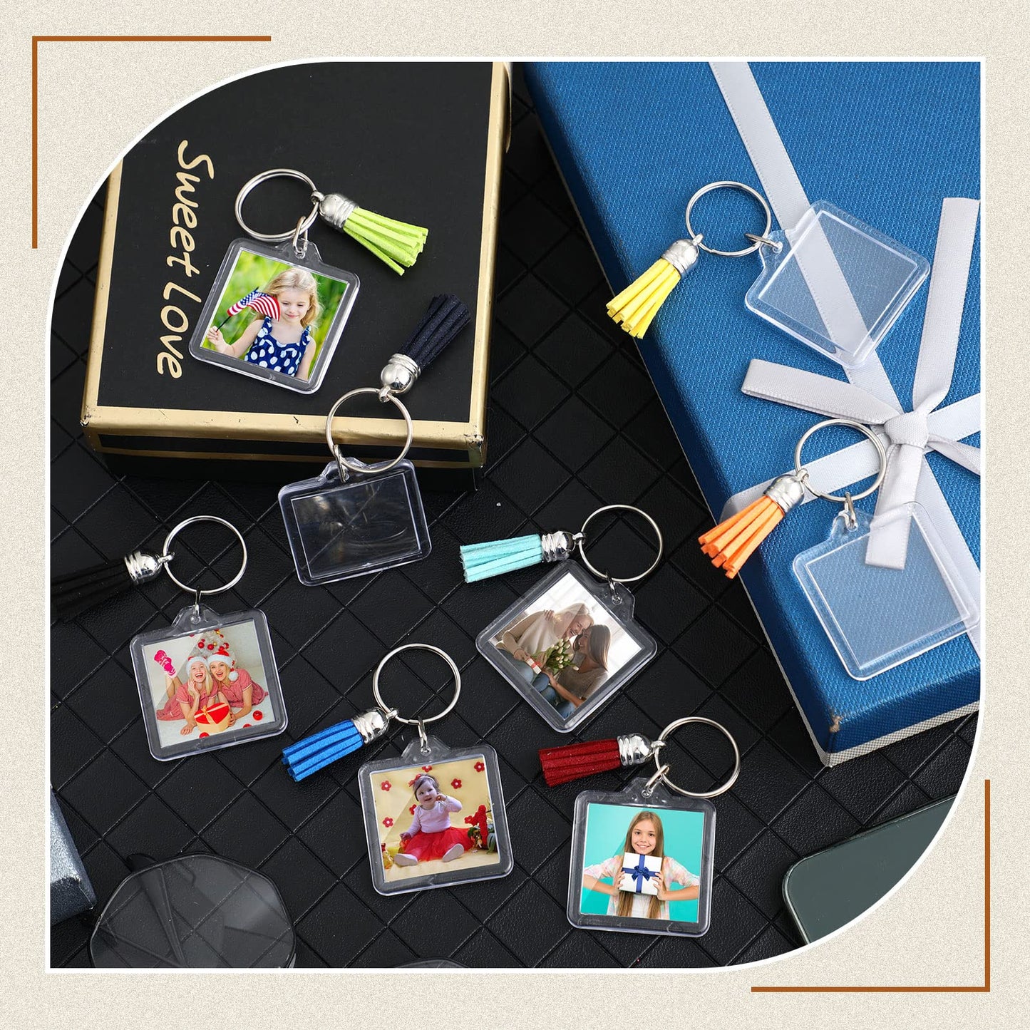 Yaomiao 50 Set Acrylic Photo Keychain with Tassel Clear Blank Custom Keychain Frame Holder Insert Picture Keyring Making Kit (Square)