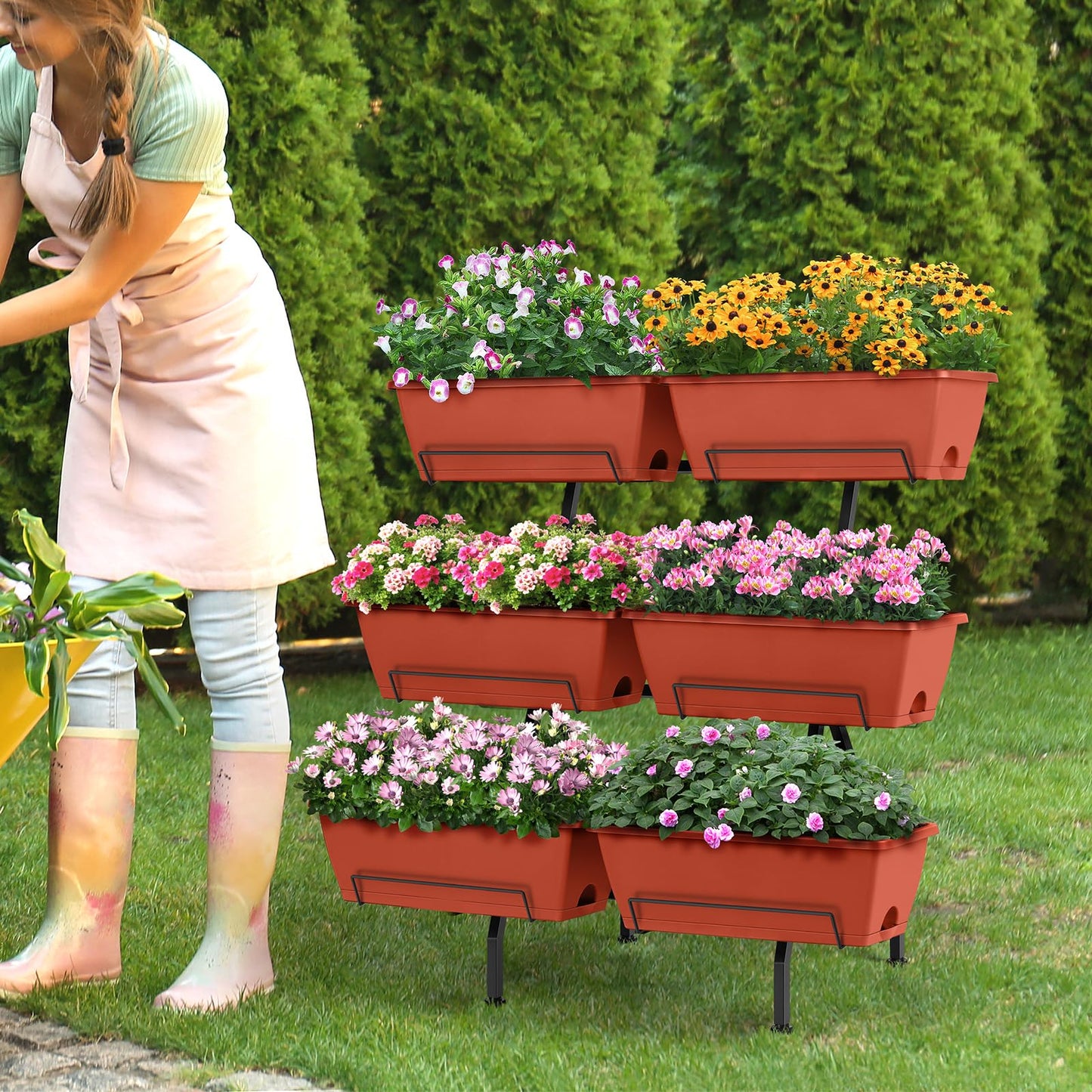 Raised Garden Beds Vertical Garden Planters Indoor Outdoor Standing Raised Planter Box with Legs, Plastic Raised Bed Tiered Planter Boxes Elevated Herb Flower Beds for Vegetables, Balcony, Patio, Red