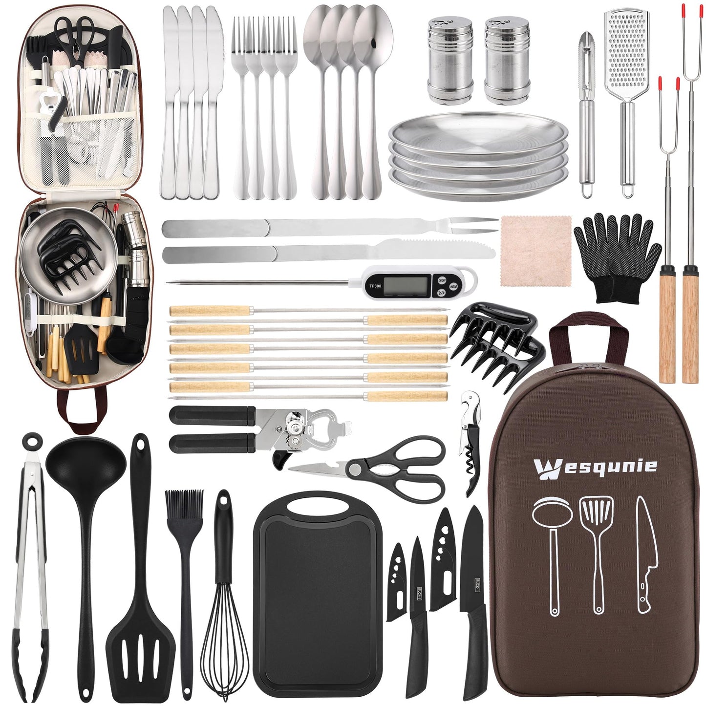 Camping Essentials Cookware Cooking Utensils Set - Portable Camp Kitchen Mess Kit Outdoor Accessories, Stainless Steel & Silicone, Camping Gear Equipment for RV Picnic Grill,Brown Pro