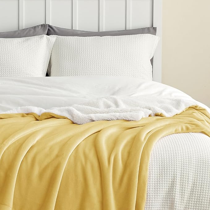 Bedsure GentleSoft Sherpa Fleece Blankets King Size for Bed - Thick and Warm, Soft Fuzzy Plush King Blanket for Winter, Yellow, 108x90 Inches