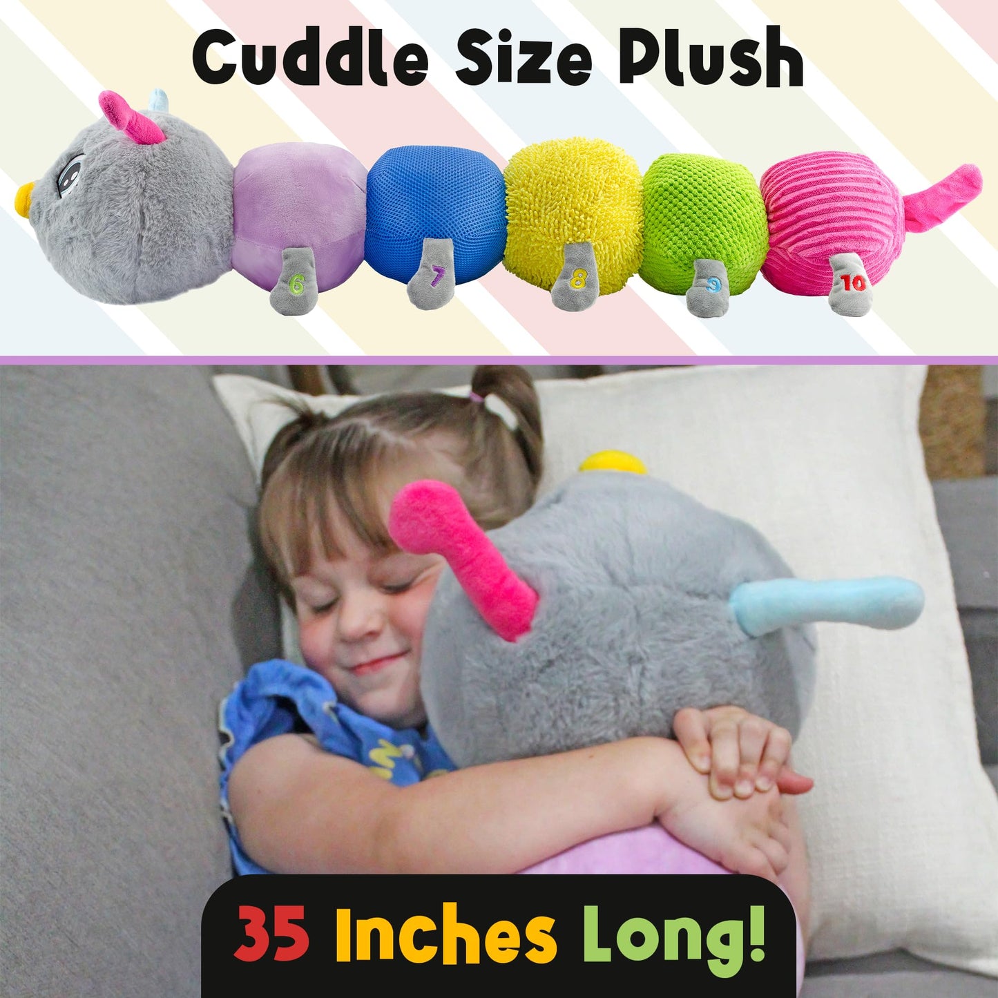 MEAVIA Cuddlebug Caterpillar Body Pillow Sensory Snuggle Vibrating Plush, 35” Jumbo Stuffed Toy, FEELix Collection