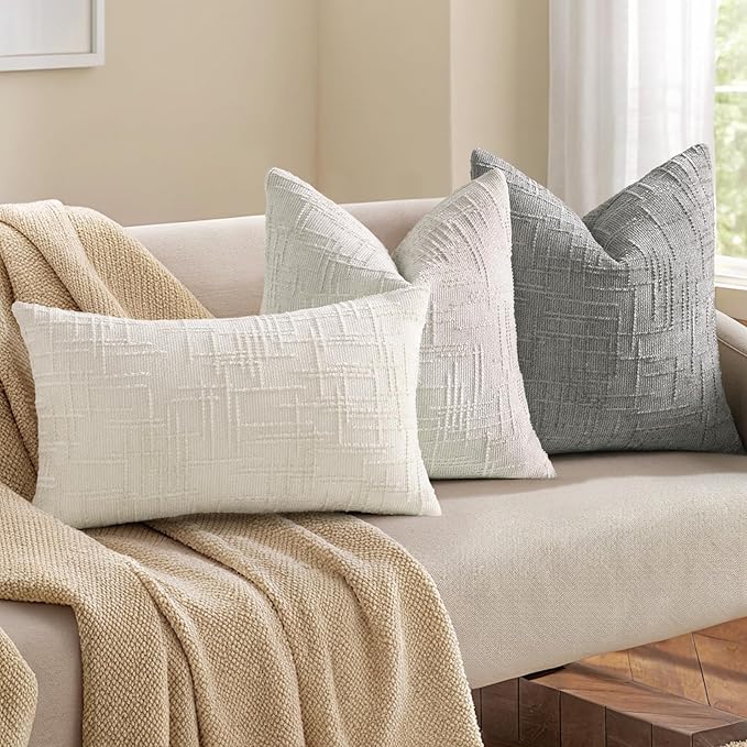 decorUhome Neutral Grey Chenille Throw Pillow Covers 16x16 Set of 2 Thick Textured Slubby Couch Pillow Covers Farmhouse Accent Modern Neutral Decorative Pillow Cases for Bed Sofa Living Room
