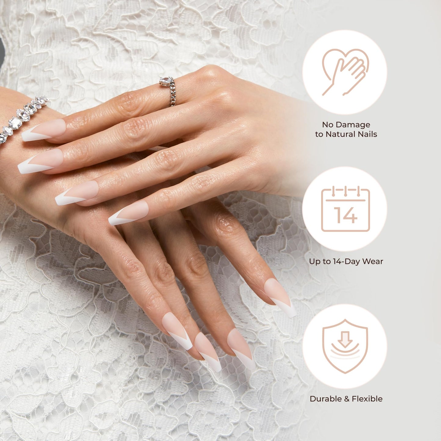 KISS Classy, Press On Nails, Nail glue included, 'Dashing', White, Medium Size, Almond Shape, Includes 28 Nails, 2g glue, 1 Manicure Stick, 1 Mini File, (Pack of 2)
