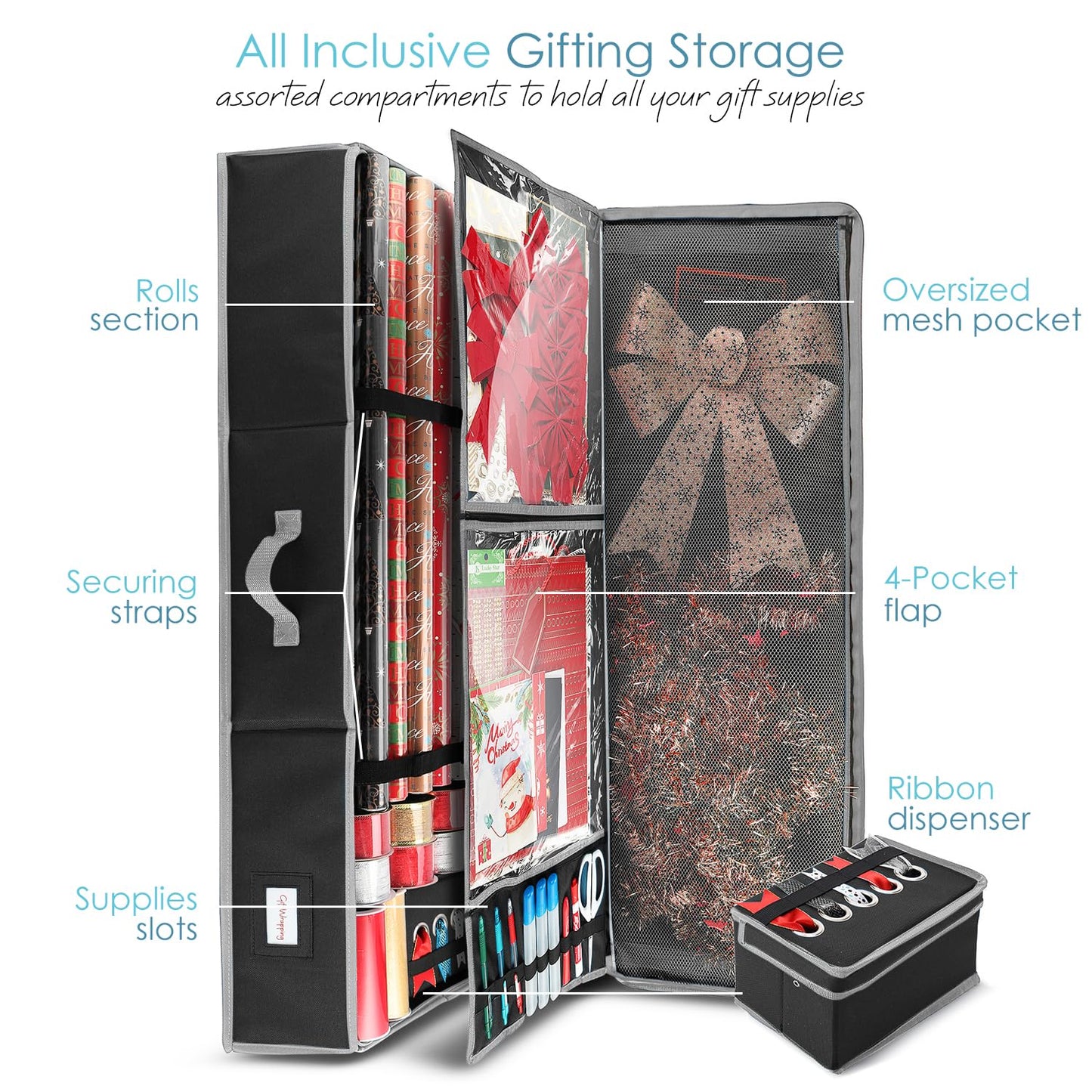 Hearth & Harbor Wrapping Paper Storage Container with Ribbon Storage Organizer - Christmas Storage Bag with Extra Interior Pockets - Gift Wrapping Organizer Storage Fits Up to 26 Rolls of 40" Length