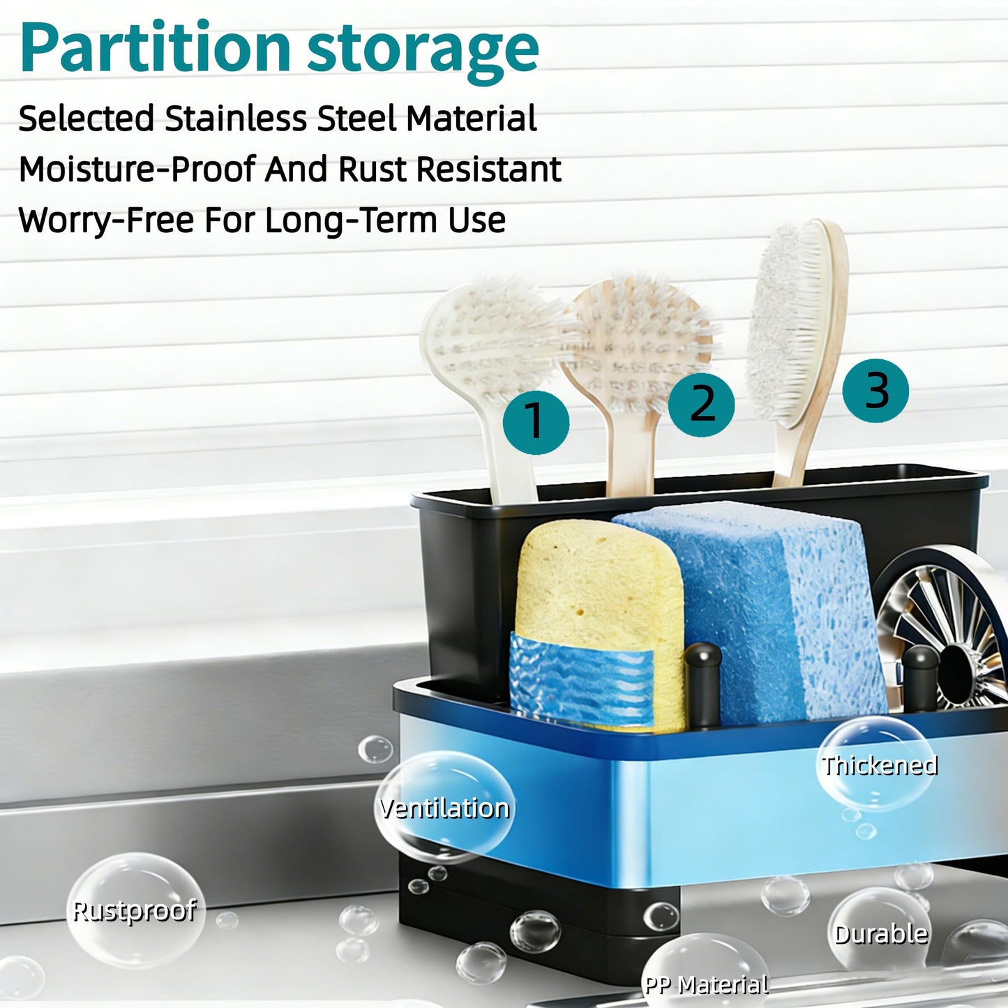 304 Stainless Steel Sink Caddy with Auto-Drain, Rustproof Sink Organizer, Sponge Holder with Removable Brush Holder & Towel Rack, Countertop Storage for Dish Soap Dispenser, Kitchen Sink Accessories