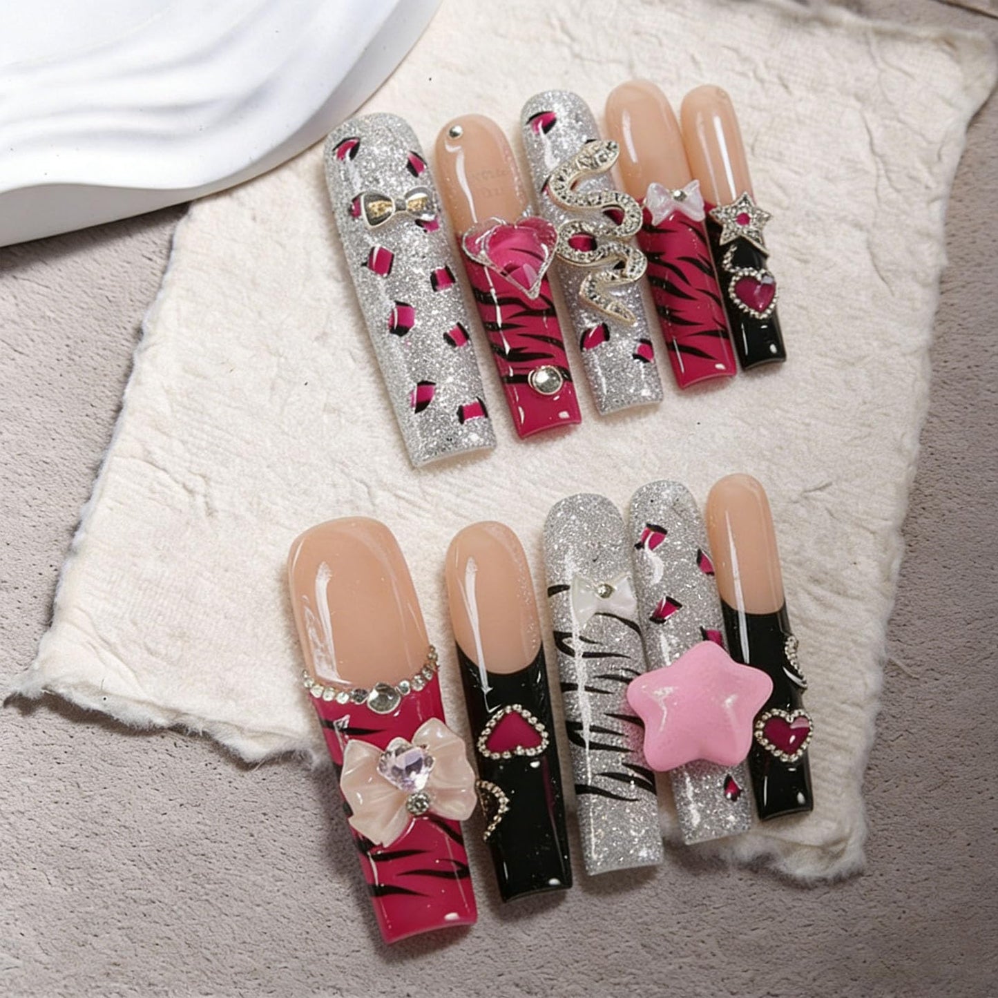 10 Pcs Extra Long Handmade Press on Nails Square Fake Nails with 3D Bow Rhinestones Star Charms Design Red Leopard Print French Tip False Nails Acrylic Wedding Long Press Ons Nails for Women - M Size
