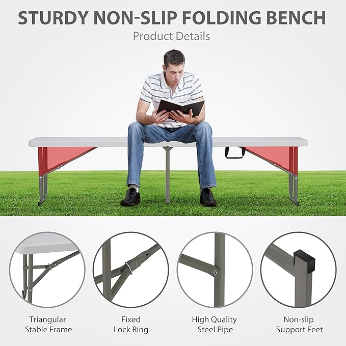 6ft Plastic Folding Bench with Carrying Handle & Lock, Portable Outdoor Bench in Garden Picnic Camping Dining Party Seat, Waterproof Bench for Soccer Activities, Firm and Durable (2Pack A)