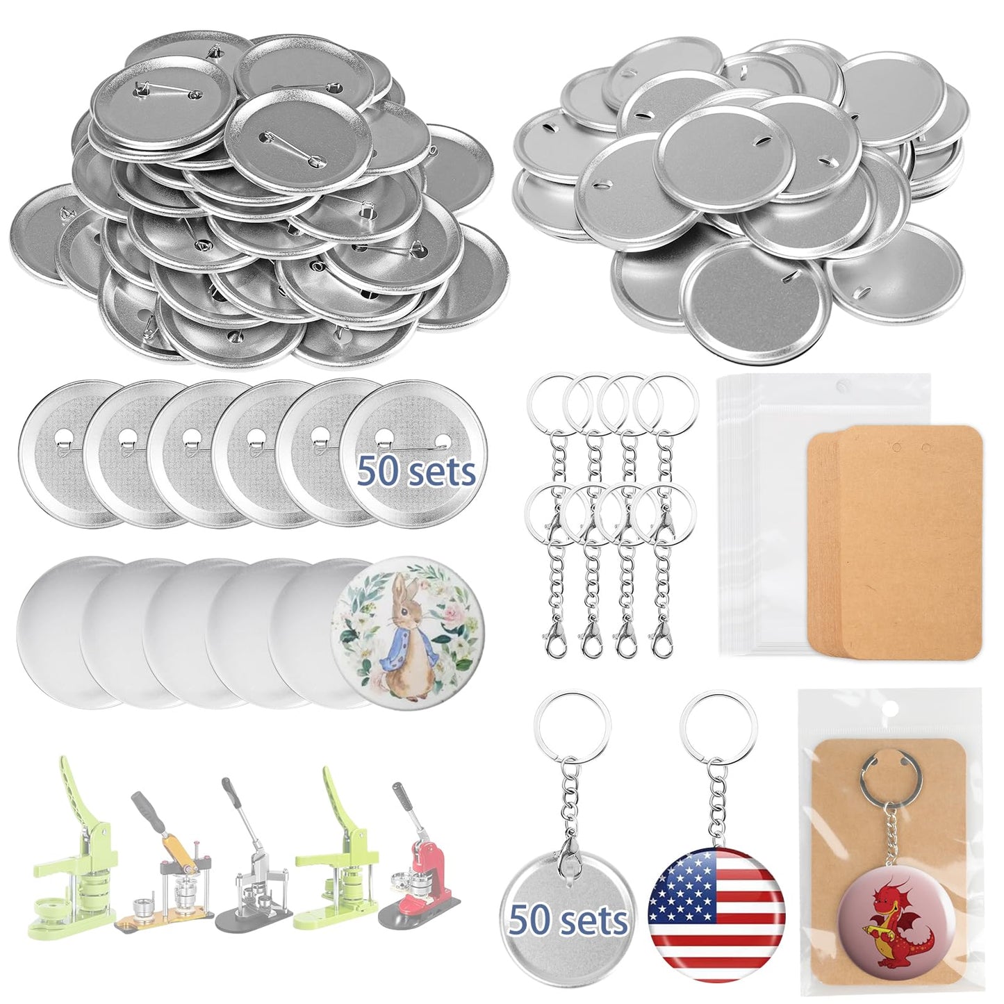 Esmorah 100 Sets (50 pin + 50 Keychain Sets) 58mm/2.25 inch Button Maker Supplies Gift, Keychain Pins Metal Round Badge Parts Making Kit for Button Maker Machine with Metal Cover