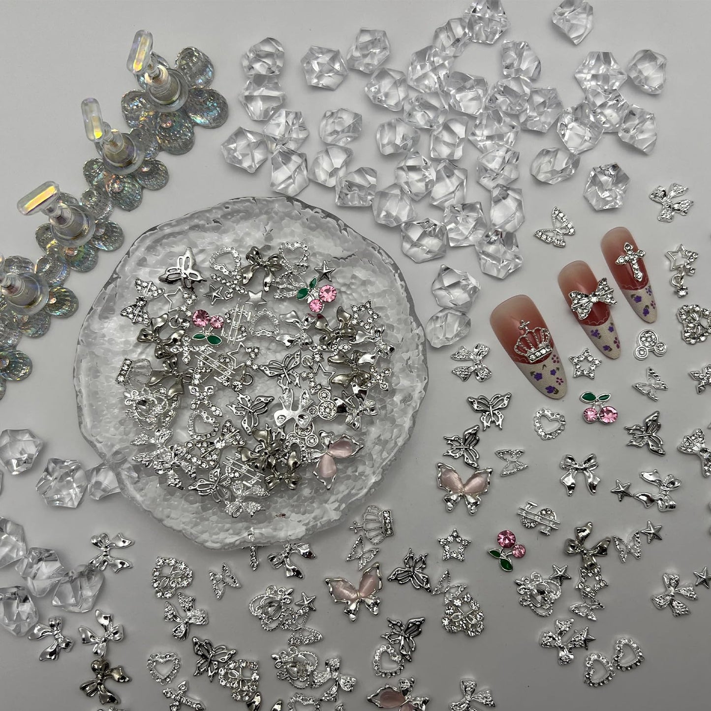 KINGNAME 140 Pcs 3D Nail Charms Silver Butterfly Bow Crown Star Rhinestone Set for Acrylic Nail Art DIY Salon Supplies