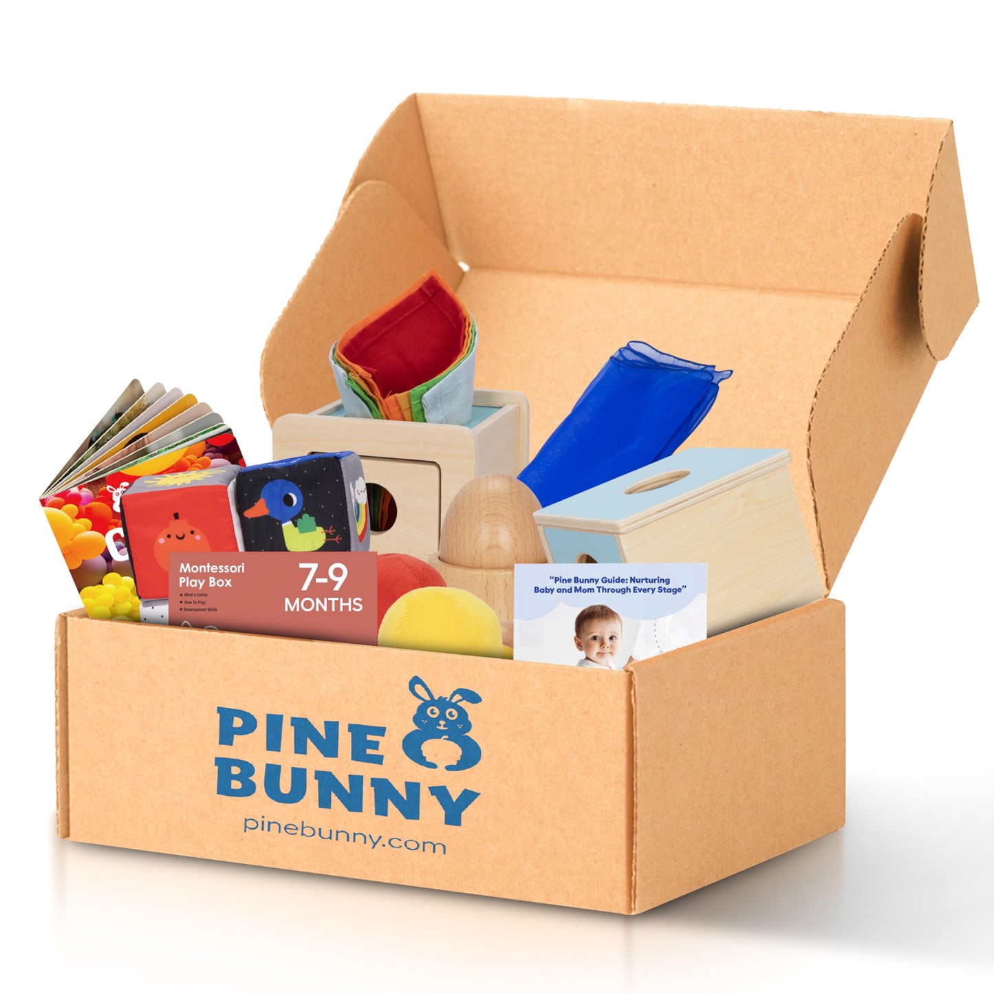 Pine Bunny Montessori Wooden 10-in-1 Toy Set for 7+ Months, Object Permanence Box, Egg and Cup, Tissue Box, Fabric Blocks, Scarf, Educational Learning Sensory Development Fine Motor Skills Baby Toys