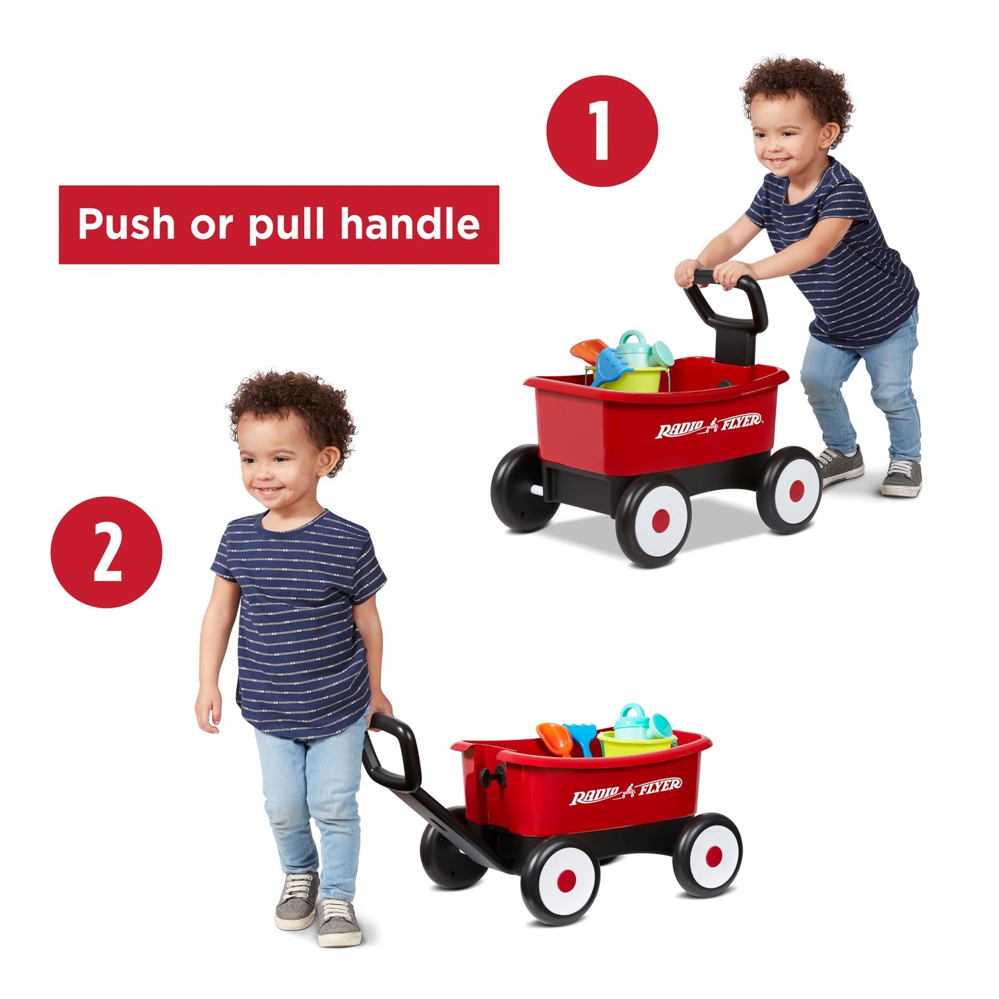 Radio Flyer Push & Pull Walker Wagon with Garden Tools, Red, for Kids 1-4 Years Old, Locking Handle for Stability, Baby Push Walker Converts to Pull Wagon, for Indoor & Outdoor Play