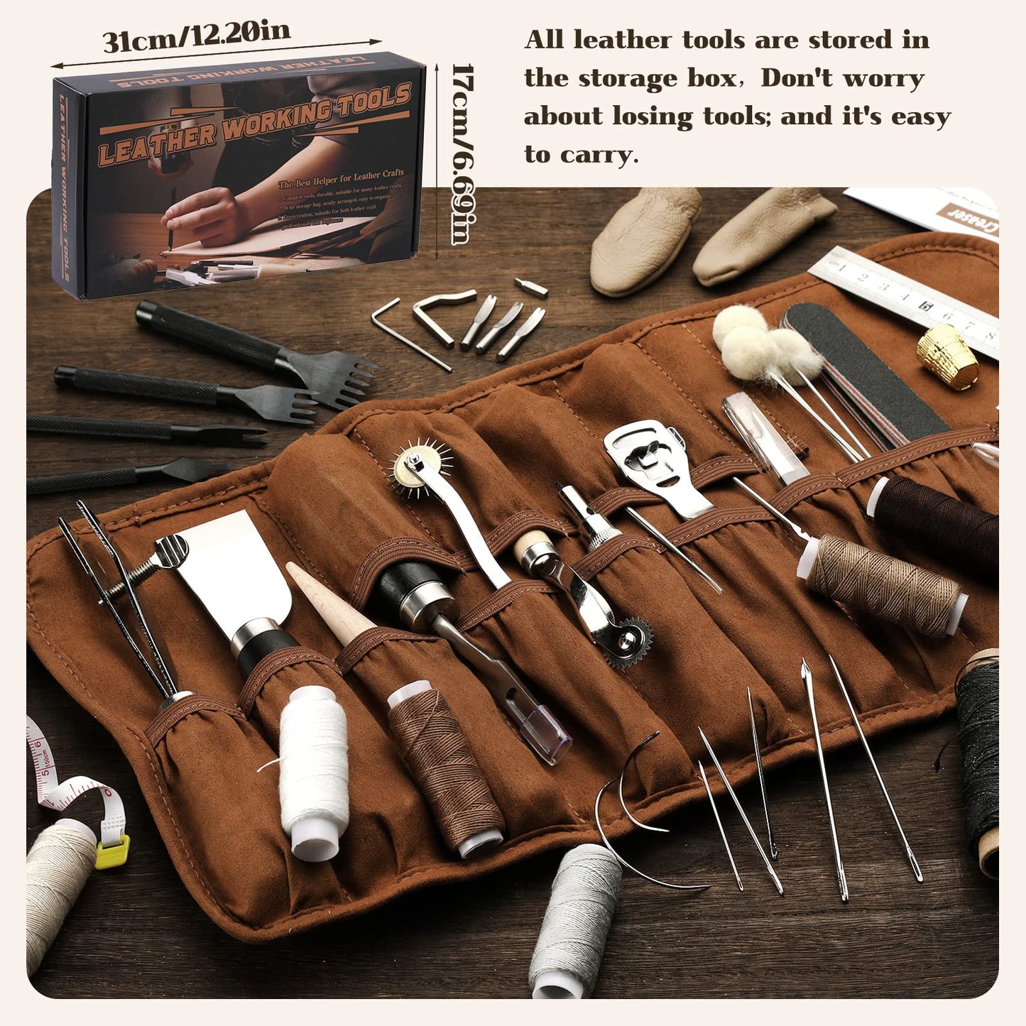 BUTUZE Leather Tooling Kit, Practical Leather Working Tools with Beveler, Groover, Stitching Punch Sewing Thread and Needles - Comes with Roll Bag and Manual