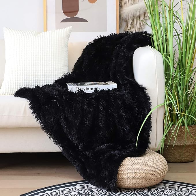 Tuddrom Decorative Extra Soft Faux Fur Blanket Twin Size 70" x78",Reversible Fuzzy Lightweight Long Hair Shaggy Fleece Blanket,Fluffy Cozy Plush Comfy Microfiber Throw Blanket for Couch Sofa Bed,Black