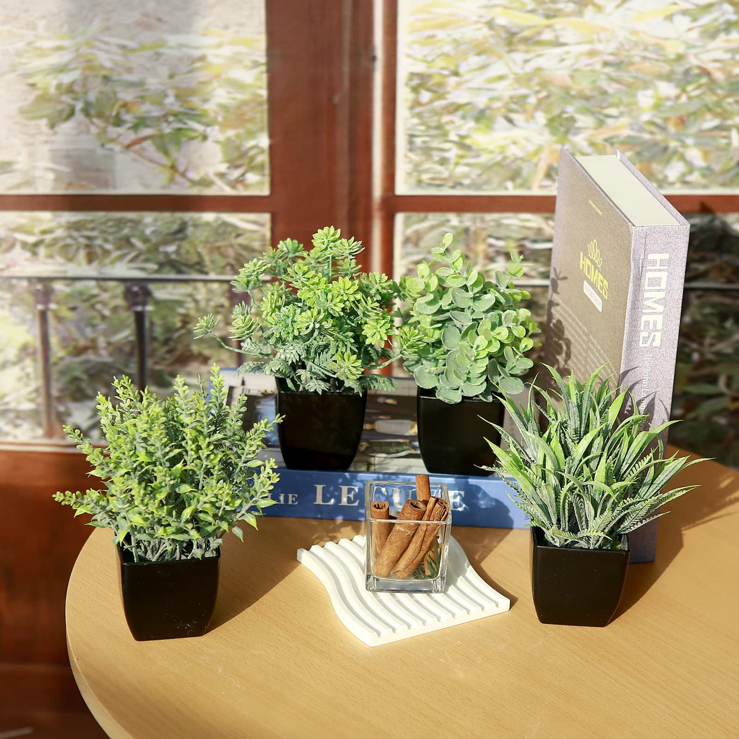GREENTIME 4 Pack Fake Plants in Black Pot Small Artificial Eucalyptus Potted Plant Wheat Grass Mini Faux Greenery for Home Decor Indoor Office Table Room Farmhouse Bathroom Decorations