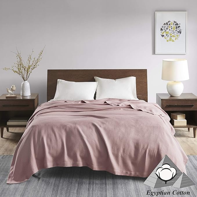 Madison Park Soft Certified 100% Egyptian Cotton Breathable Cozy Blanket, Premium Waffle Knit Classic Design, Luxury All Season Lightweight Cover for Bed, Couch and Sofa, Rose Twin(66"x90")