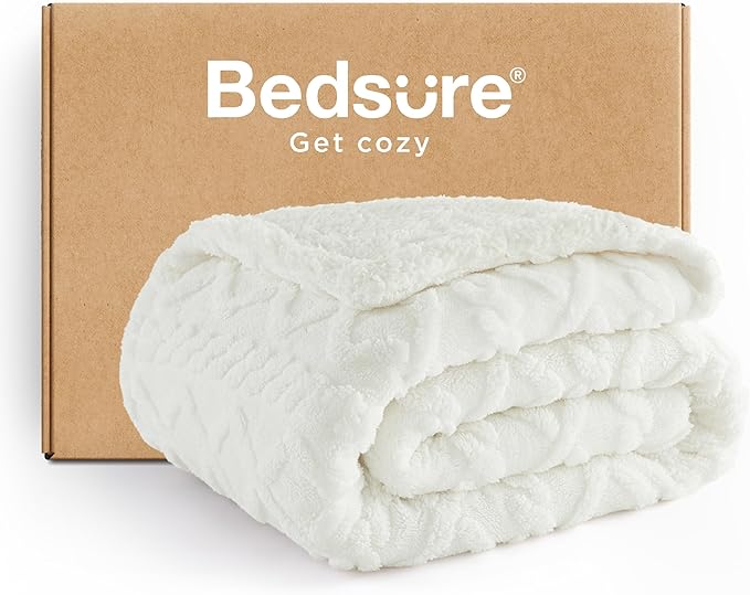 Bedsure Sherpa Fleece Throw Blanket for Couch - GentleSoft Fluffy & Cozy Cable Jacquard Tufted Throw for Women Gift, Thick and Warm Blankets for Winter, Cream, 50x60 Inches