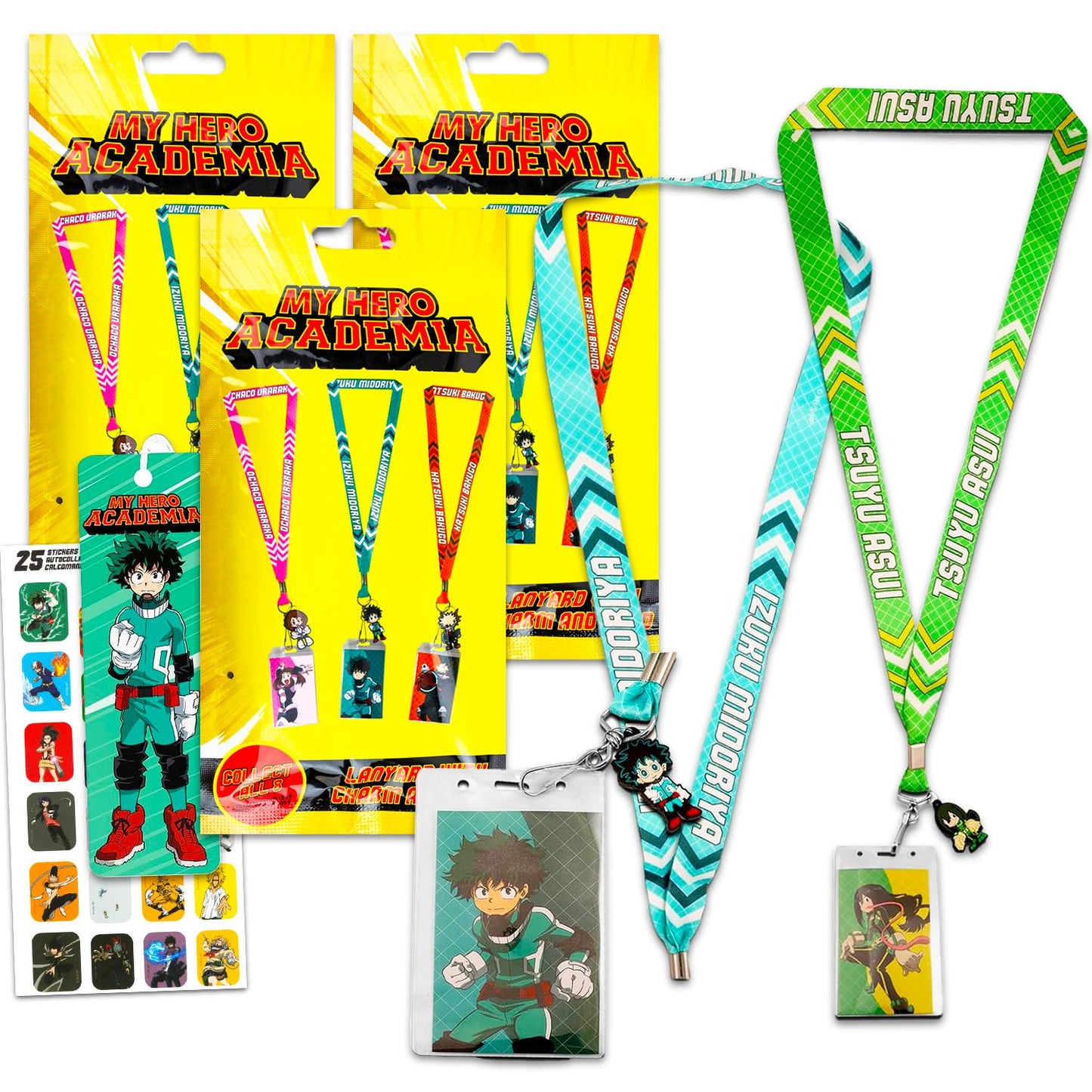 My Hero Academia 3 Pack Lanyard Blind Bag Set - ID Holder, Charms, Stickers & Bookmark - Officially Licensed - Perfect for Comic Con & Events