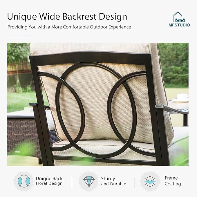 MFSTUDIO 4 Pieces Outdoor Patio Furniture Set, Metal Outdoor Conversation Sofa, Rattan Wicker Patio Sectional Sofa Set with 2 x Swivel Single Sofa, 2 x Ottoman, Beige