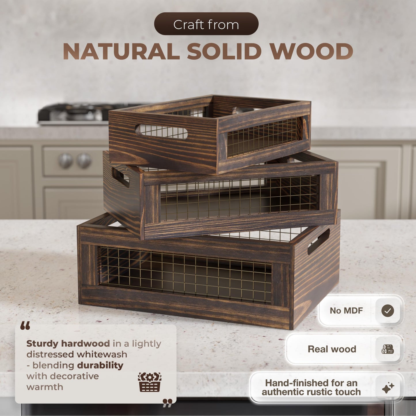 NAGAWOOD Set of 3 Wooden Nesting Countertop Baskets, Rustic Wood Storage Crates with Handles for Kitchen, Pantry, Bathroom, Fruit, Vegetables, Bread