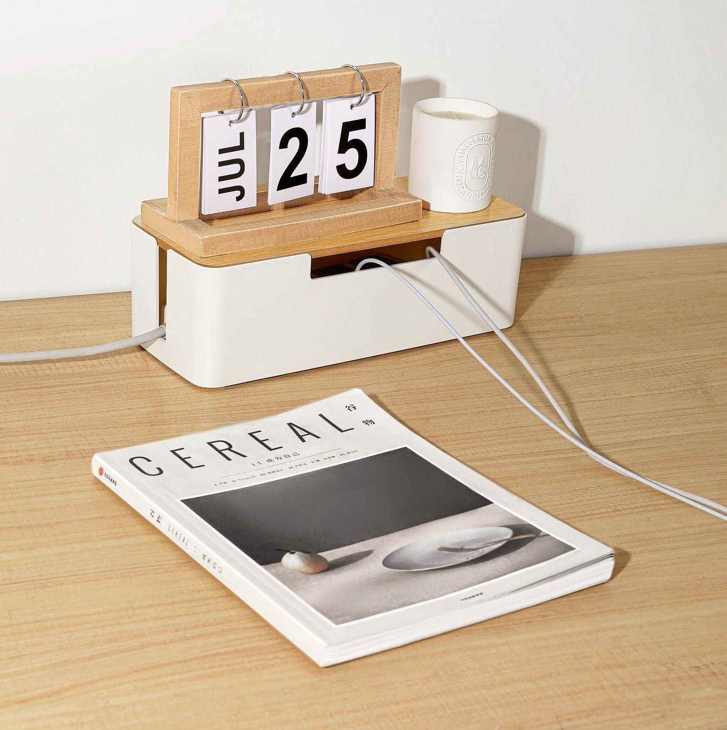 BUYSK ABS Cord Organizer Box with Wooden Lid, Cable Management Box for Power Strips or Surge Protectors, Desk Cable Tidy Box for Office Home(White)