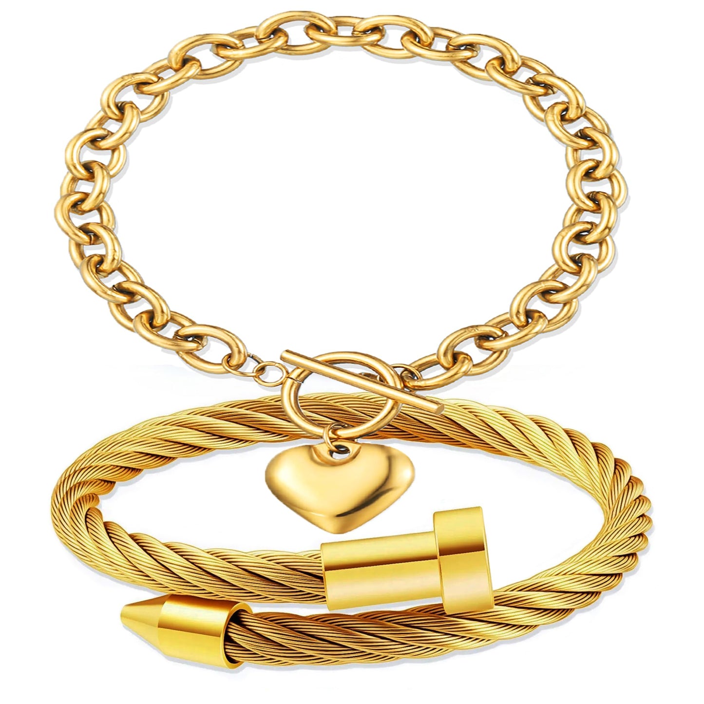 LCTrusttmor Gahna Heart Bracelets for Women, Stackable 18K Gold Plated Heart Charm with Adjustable Link Chain Set Dainty Jewelry Gifts