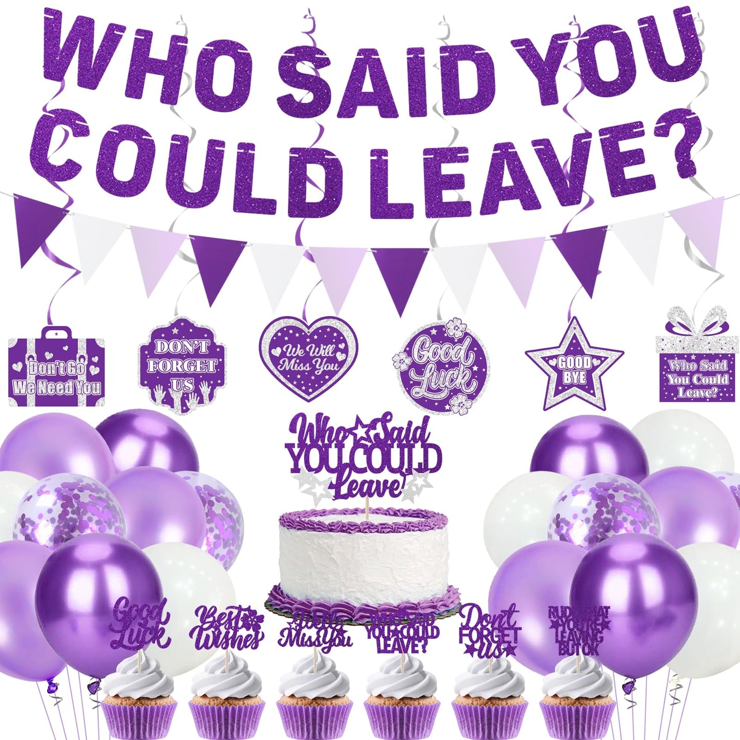 Roetyce Farewell Party Decorations, Purple Silver Who Said You Could Leave Banner Cake Toppers Balloons Hanging Swirls, Going Away Retirement Leaving Party Decorations, Coworker Goodbye Party Supplies