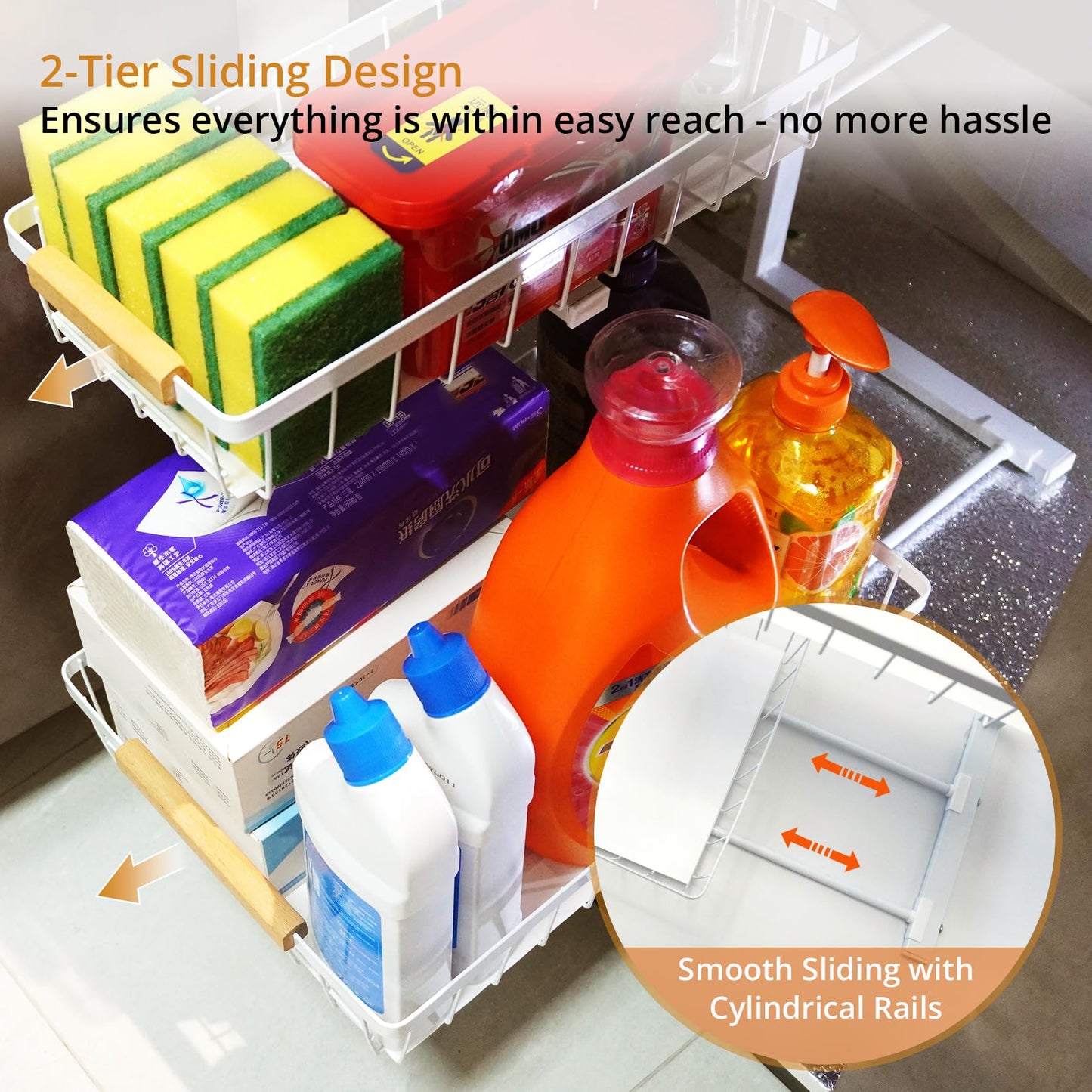 whalenoble Under Sink Organizer 2 Pack, 2 Tier Pull Out Cabinet Organizers and Storage for Kitchen Bathroom Pantry Laundry, Adjustable Height, Slide Out Thickened Metal Storage Shelf (Black, 2 Pack)