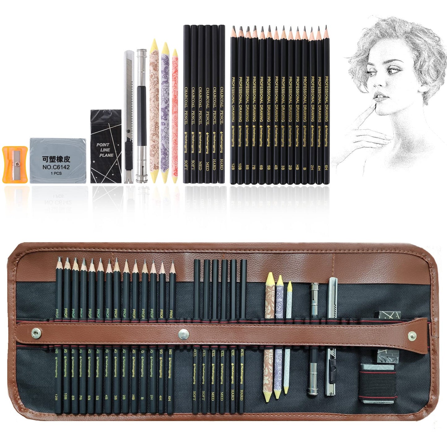 Heshengping Drawing Pencils Sketch Pencil Art Supplies Set for Adults beginners Professional Sketching Art Graphite Charcoal Blending Stump Pencils kit