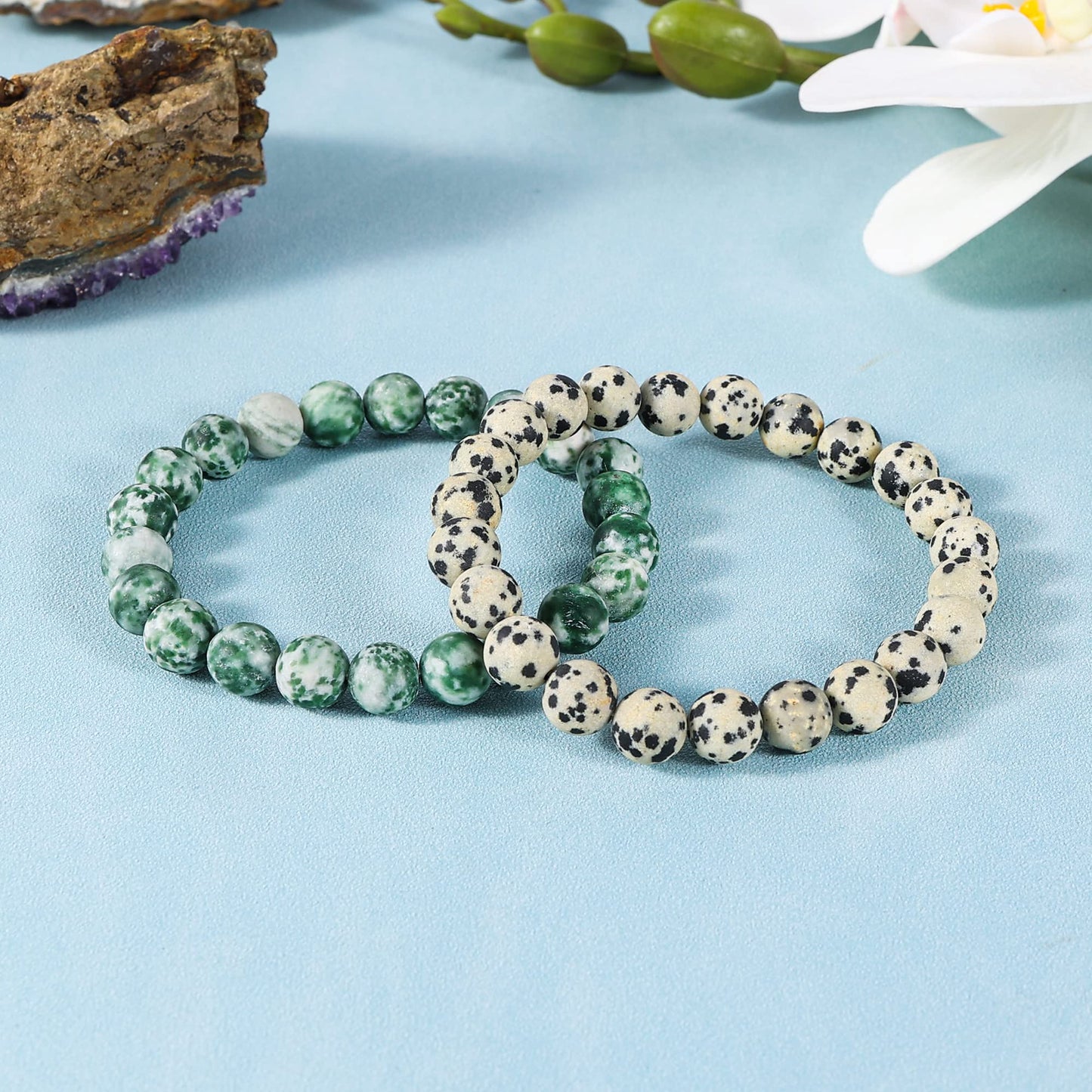 Bivei Natural Gemstone Semi Precious Crystals Handmade Stretchy Round Beads Bracelet, Enhance Positive Energy,Stocking Stuffers for Women(Dalmatian Jasper & Green Jasper (Inner Strength) Medium)