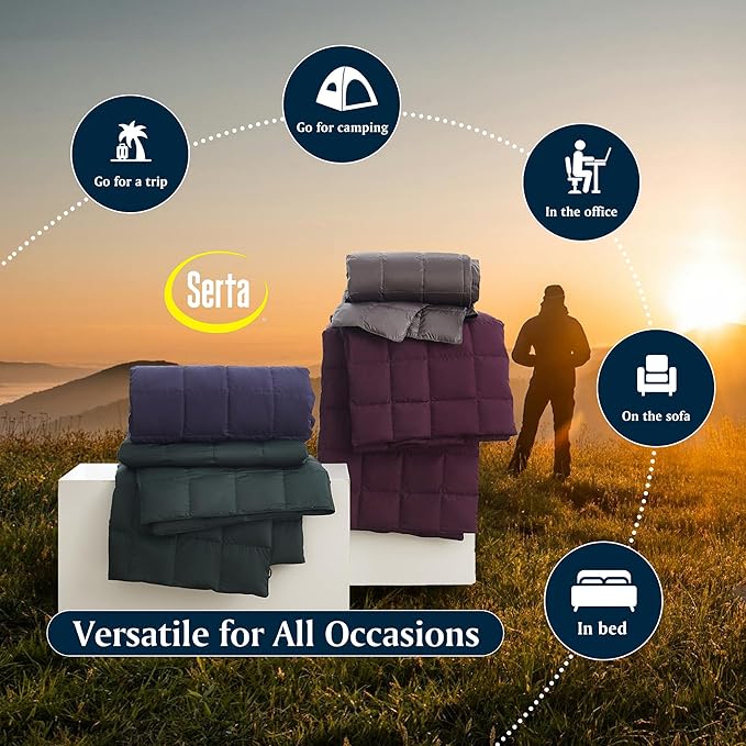 Serta Down Filled Throw Blanket, Packable Lightweight and Durable Blanket for Indoor,Office,Outdoor,Traveling, Hiking, Camping, 60" x 70" with Carrying Pouch (Plum)