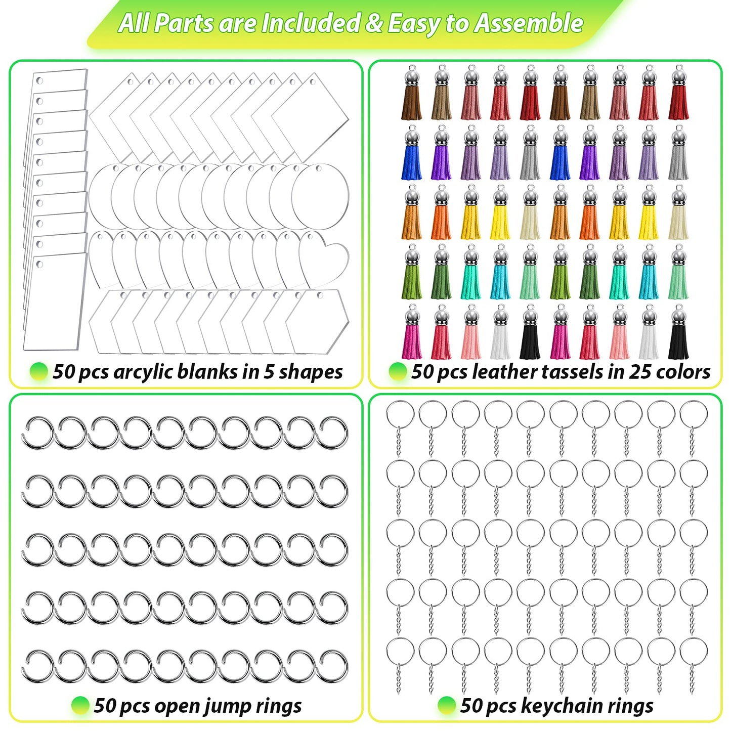 Cruzix 200Pcs Blank Keychains for Vinyl, Acrylic Keychain Blanks Bulk with 5 Shapes Clear Acrylic Disc Leather Tassel Charms Key Chains Jump Ring for DIY Craft Ornament Engrave Painting