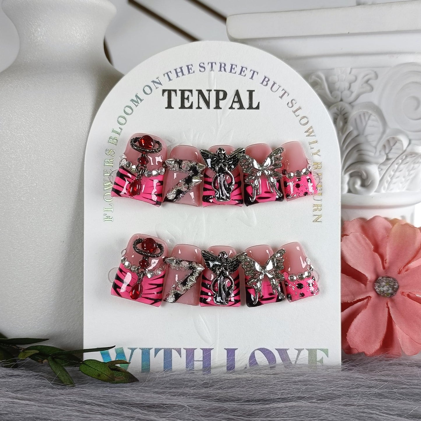 TENPAL 10Pcs Handmade Gothic Press-On Nails with Duck Shape,Glossy Zebra French Short Tips Duck Fake Nails,3D Metal Butterfly & Rivet Designs Glue on Nails,Edgy Glam Reusable Coffin Duckbill Nails(M)