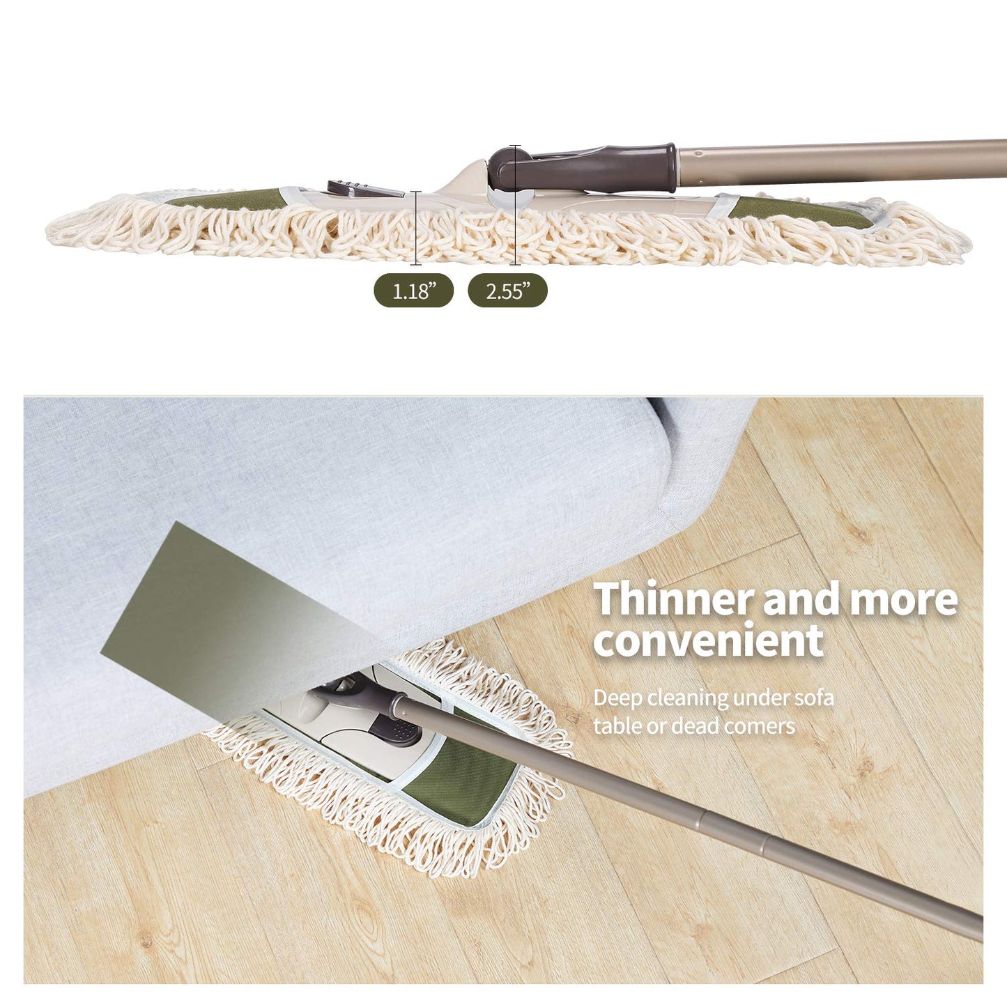 Eyliden Dust Mop with 2 Washable Pads for Hardwood & Tile Floors | 32.9"-52.6" Adjustable Handle, 360° Swivel, One-Touch Pad Release | Wet Dry Floor Cleaning Push Broom