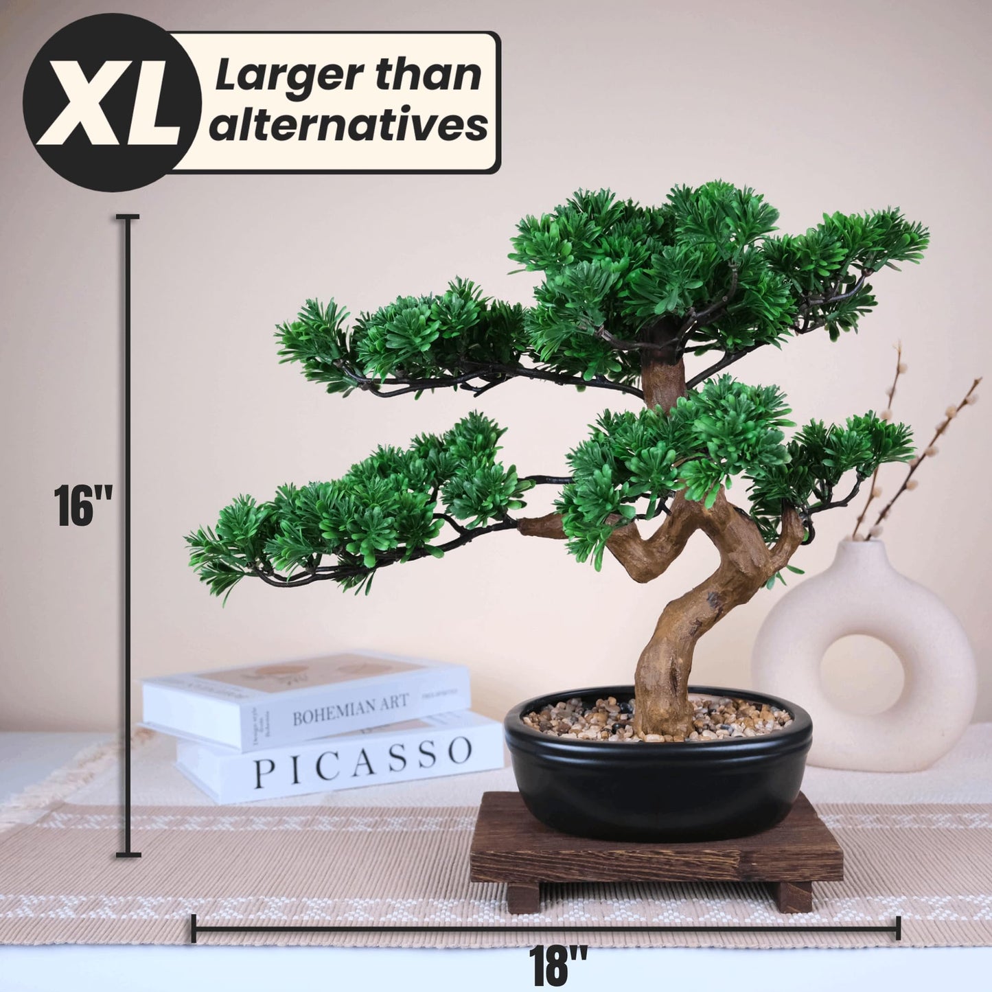 Artificial Bonsai Tree 16" Tall with Realistic Wood and Ceramic Pot, Fake Plants for Home, Bedroom and Office Desk, Japanese Decor