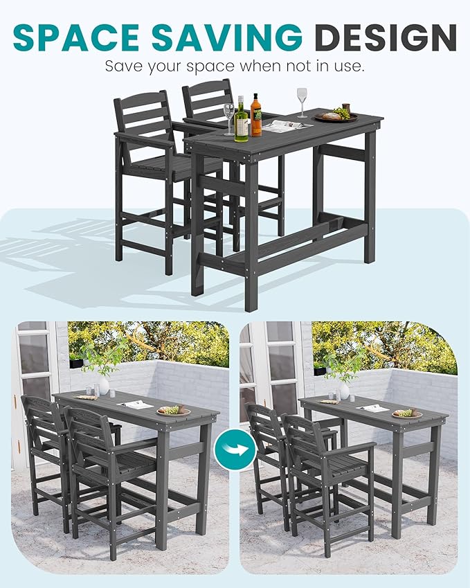 SERWALL Outdoor Bar Set - 4 Adirondack Bar Chairs & Bar Height Table with 1.6" Umbrella Hole, All-Weather HDPE Patio Furniture for Poolside, Backyard, Garden - Grey