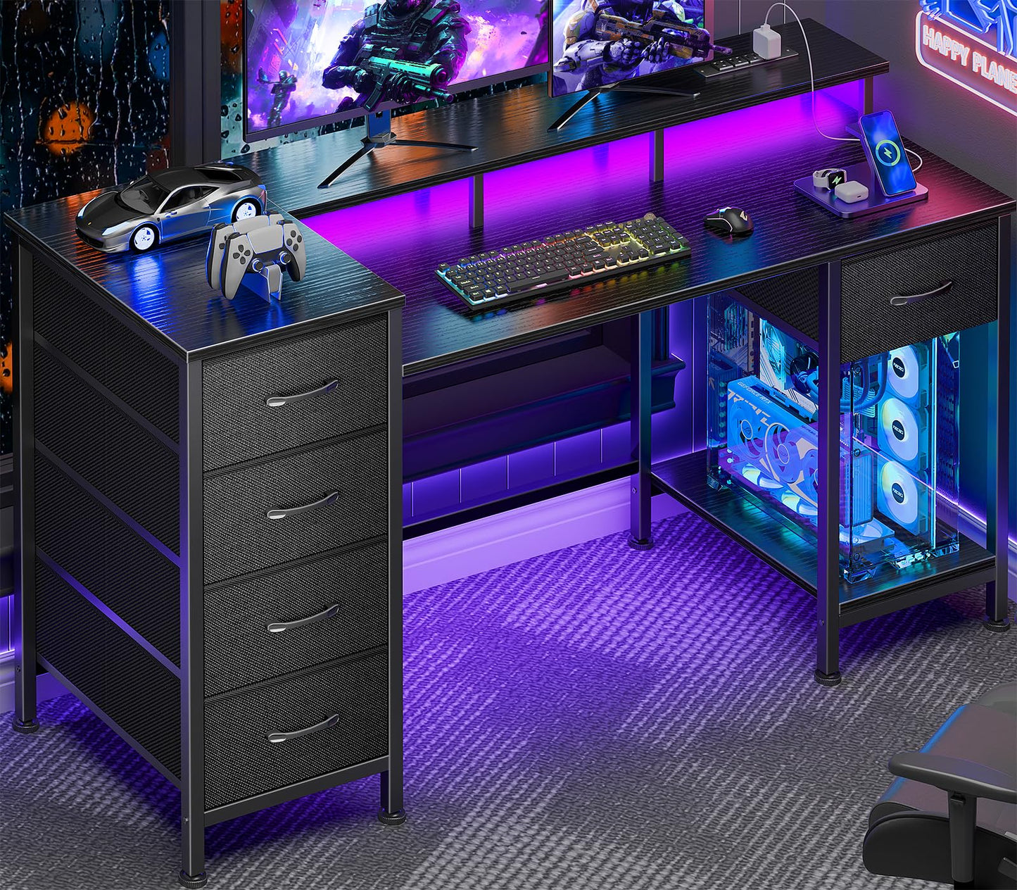 Korfile 47 Inch Gaming Desk with Power Outlets and LED Lights, Reversible Computer Desk with 5 Fabric Storage Drawers, Home Office Desk with Monitor Stand for Working Writing Study, Black