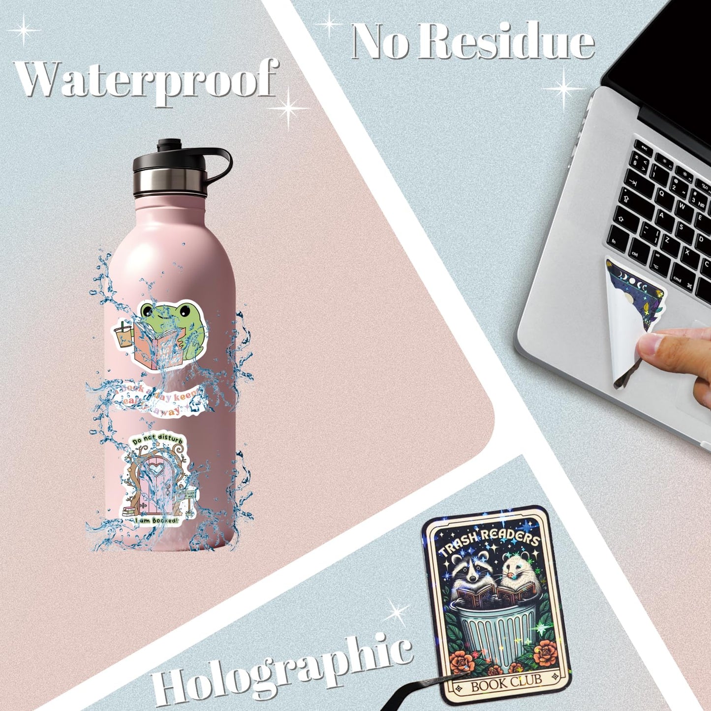 300 PCS Book Stickers for Kindle, Bookish Sticker Pack Reading Glitter Waterproof Vinyl Decals for Laptop, Ebook Readers, Water Bottles, Phone, Journal, Scrapbook, No Repeats (Holographic)